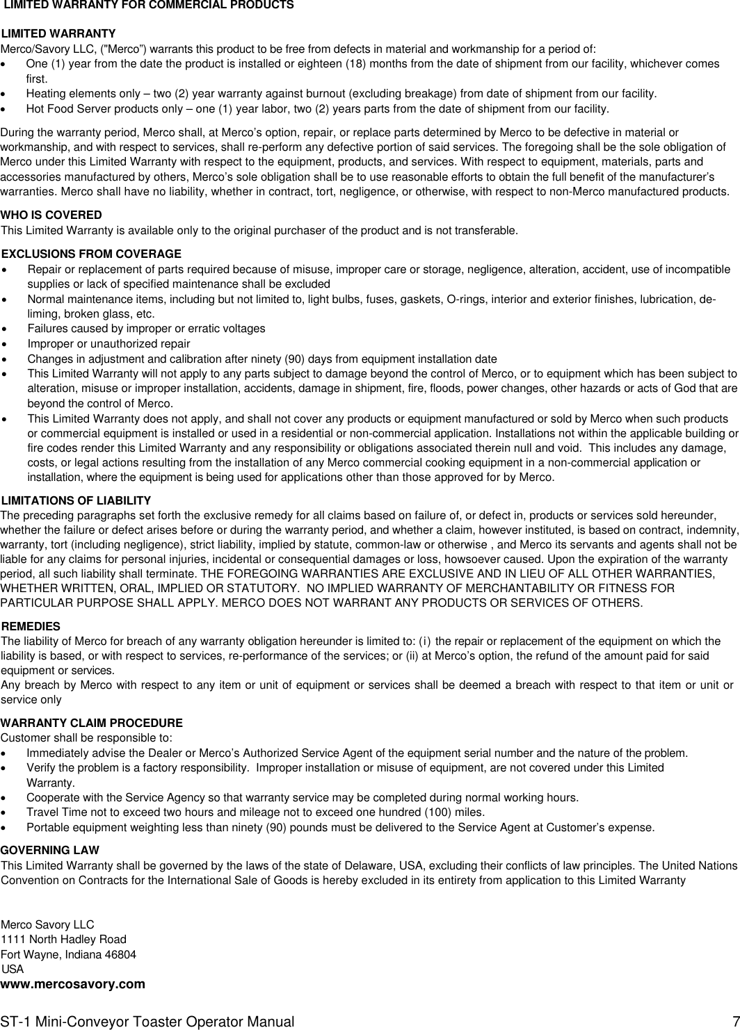 Page 7 of 8 - Lincoln Lincoln-Mini-Conveyor-Toaster-St-1-Users-Manual ST-1 Operator Manual