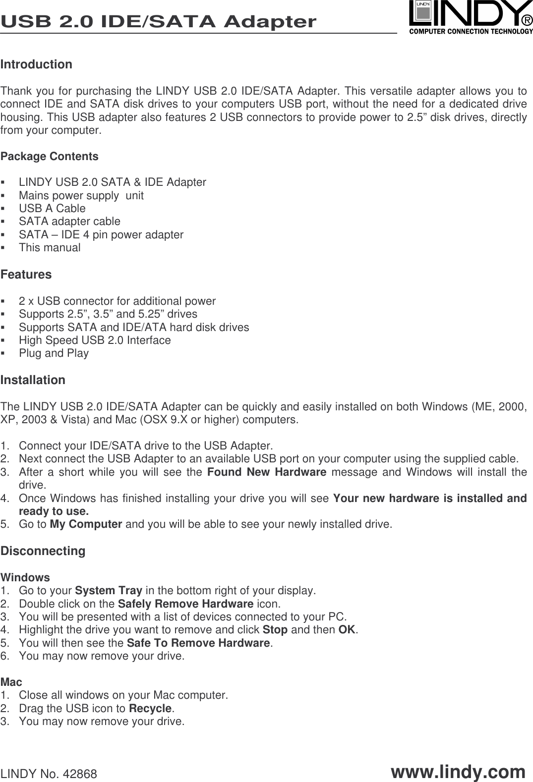 Page 1 of 2 - Lindy Lindy-Usb-2-0-Sata-And-Ide-Adapter-42868V0-Users-Manual- 42868v0 Lindy-usb-2-0-sata-and-ide-adapter-42868v0-users-manual