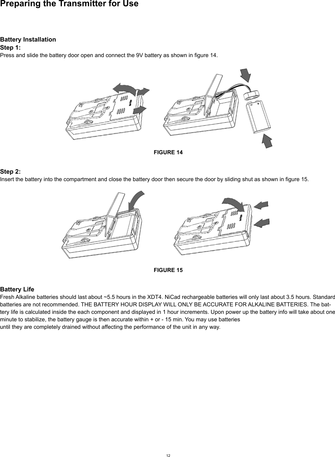 Preparing the Transmitter for UseBattery InstallationStep 1: Press and slide the battery door open and connect the 9V battery as shown in figure 14.FIGURE 14Step 2:  Insert the battery into the compartment and close the battery door then secure the door by sliding shut as shown in figure 15.FIGURE 15Battery LifeFresh Alkaline batteries should last about ~5.5 hours in the XDT4. NiCad rechargeable batteries will only last about 3.5 hours. Standard batteries are not recommended. THE BATTERY HOUR DISPLAY WILL ONLY BE ACCURATE FOR ALKALINE BATTERIES. The bat-tery life is calculated inside the each component and displayed in 1 hour increments. Upon power up the battery info will take about one minute to stabilize, the battery gauge is then accurate within + or - 15 min. You may use batteriesuntil they are completely drained without affecting the performance of the unit in any way.12