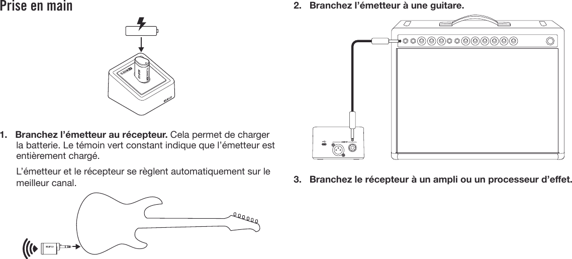 Prise en main1. Branchez l’émetteur au récepteur. Cela permet de chargerla batterie. Le témoin vert constant indique que l’émetteur estentièrement chargé.L’émetteur et le récepteur se règlent automatiquement sur lemeilleur canal.2. Branchez l’émetteur à une guitare.3. Branchez le récepteur à un ampli ou un processeur d’eet.