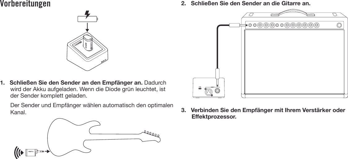 Vorbereitungen1. Schließen Sie den Sender an den Empfänger an. Dadurchwird der Akku aufgeladen. Wenn die Diode grün leuchtet, istder Sender komplett geladen.Der Sender und Empfänger wählen automatisch den optimalenKanal.2. Schließen Sie den Sender an die Gitarre an.3. Verbinden Sie den Empfänger mit Ihrem Verstärker oderEektprozessor.