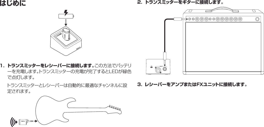 はじめに1. トランスミッターをレシーバーに接続します。この方法でバッテリーを充電します。トランスミッターの充電が完了するとLEDが緑色で点灯します。トランスミッターとレシーバーは自動的に最適なチャンネルに設定されます。2. トランスミッターをギターに接続します。3. レシーバーをアンプまたはFXユニットに接続します。