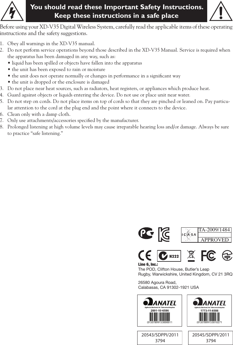 Page 3 of 12 - Line-6 Line-6-Xd-V35L-Quick-Start-Guide XD-V35 Digital Wireless Pilot's Handbook - Revision C