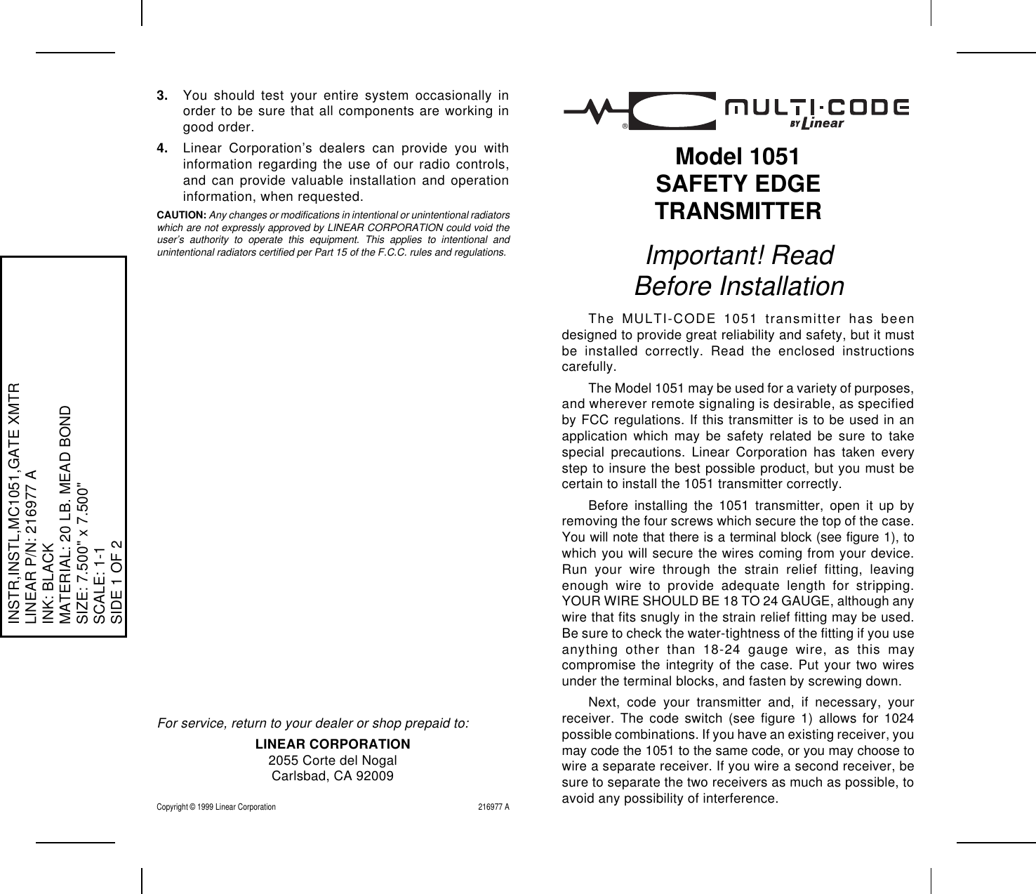 Page 1 of 2 - Linear Linear-105104-Gate-Safety-Edge-Transmitter-Quick-Start-Guide Ventura - 216977A.CHP