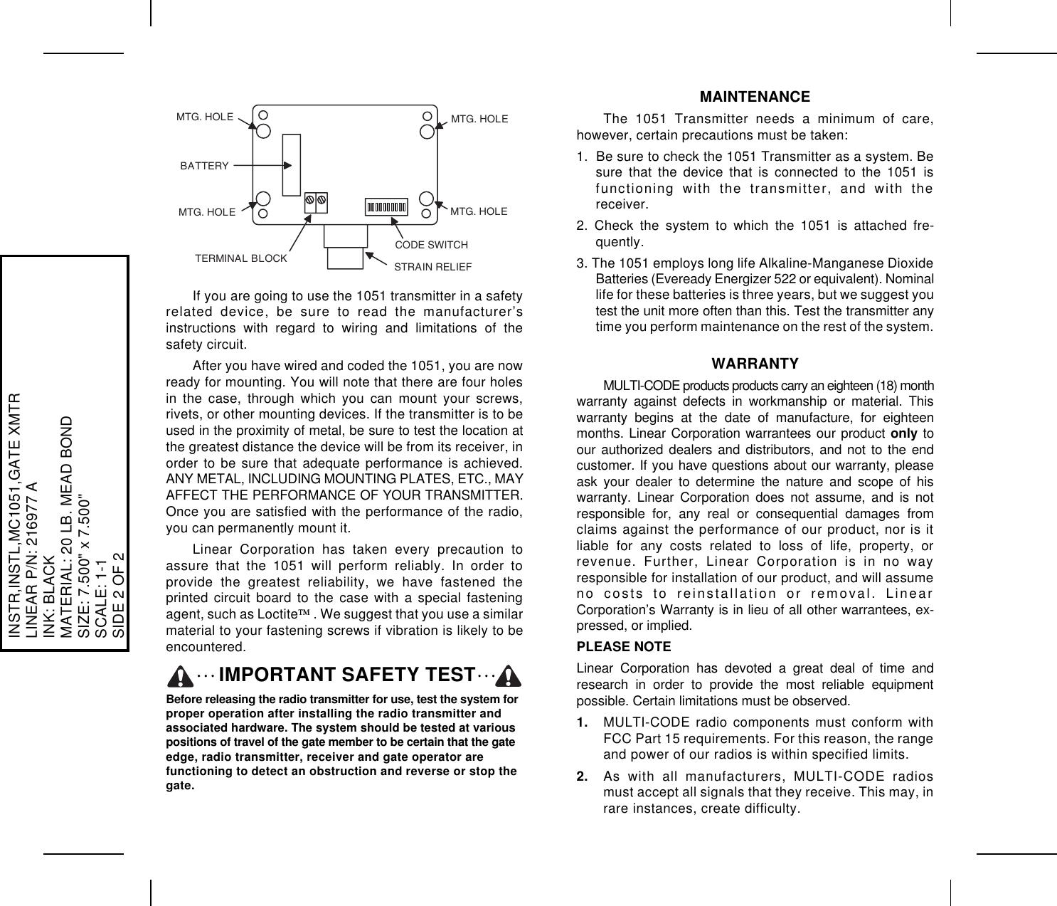 Page 2 of 2 - Linear Linear-105104-Gate-Safety-Edge-Transmitter-Quick-Start-Guide Ventura - 216977A.CHP