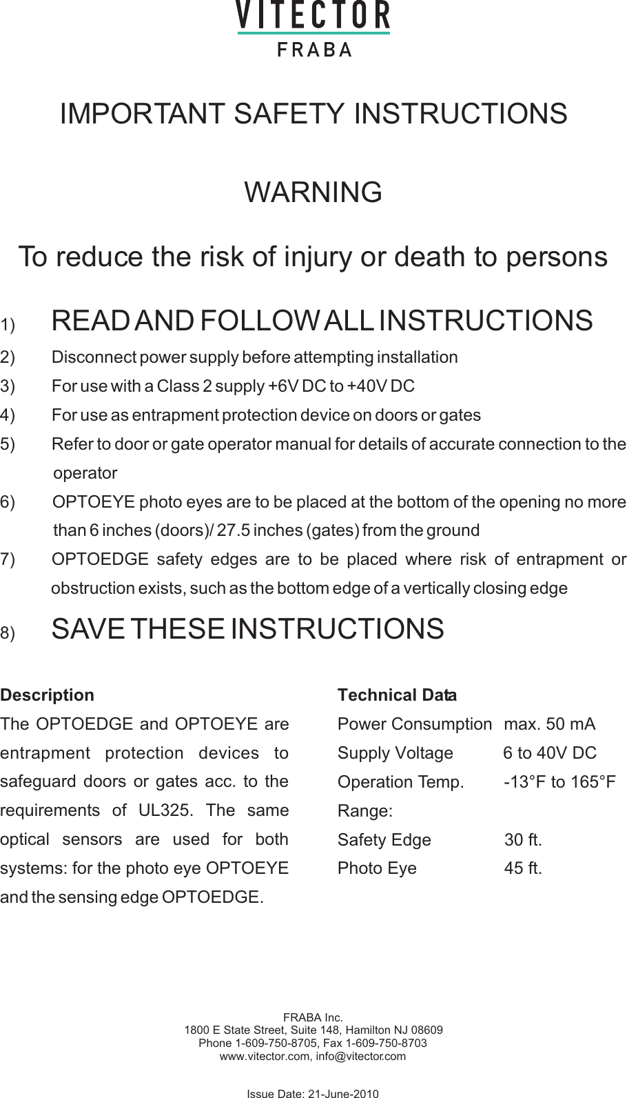Linear 2510 477 Optoedge Entrapment Detector Quick Start Guide 20100827 ...