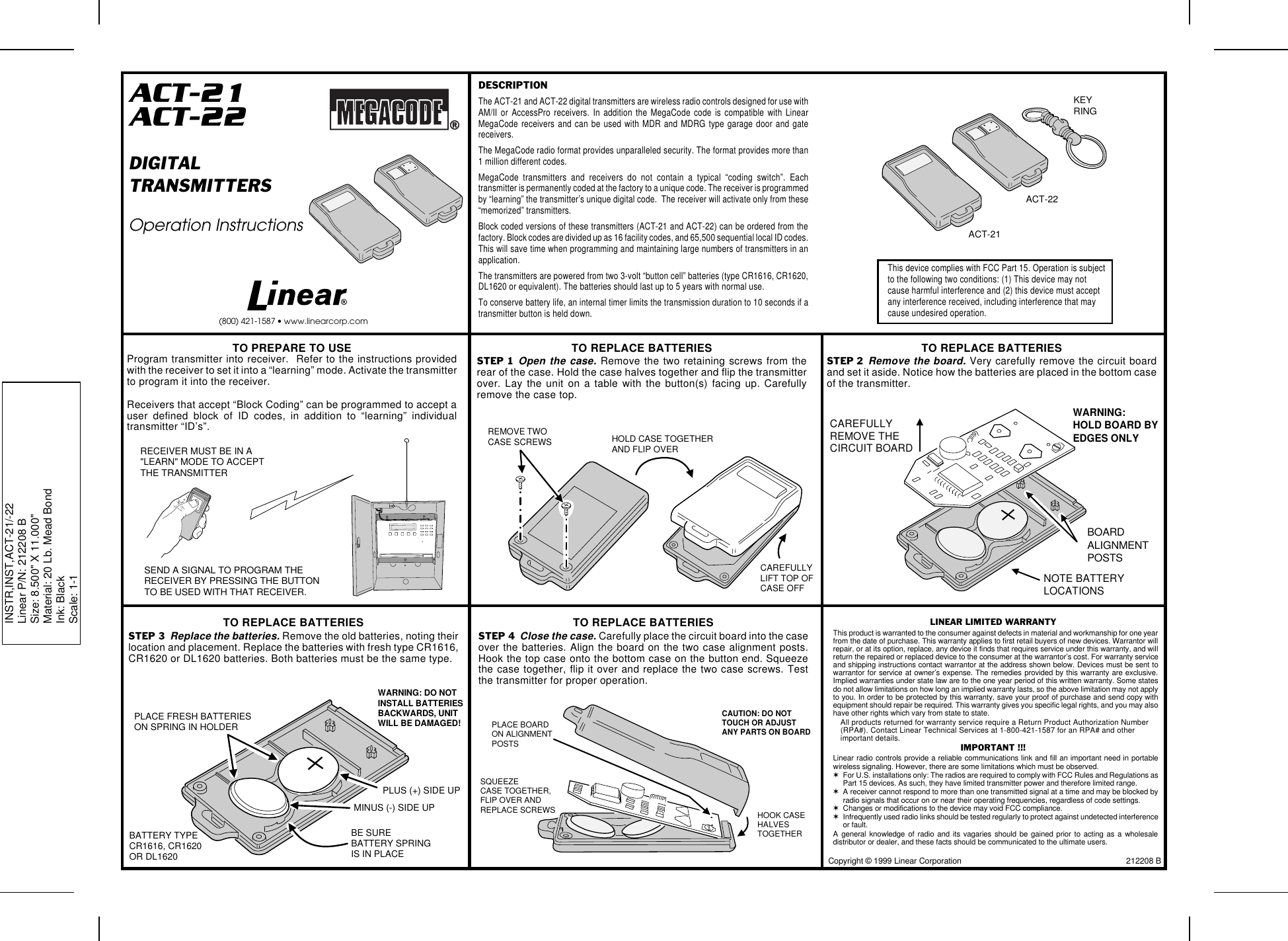 Page 1 of 1 - Linear Linear-Act-21A-1-Channel-Key-Ring-Transmitter-Quick-Start-Guide Ventura - 212208B.CHP