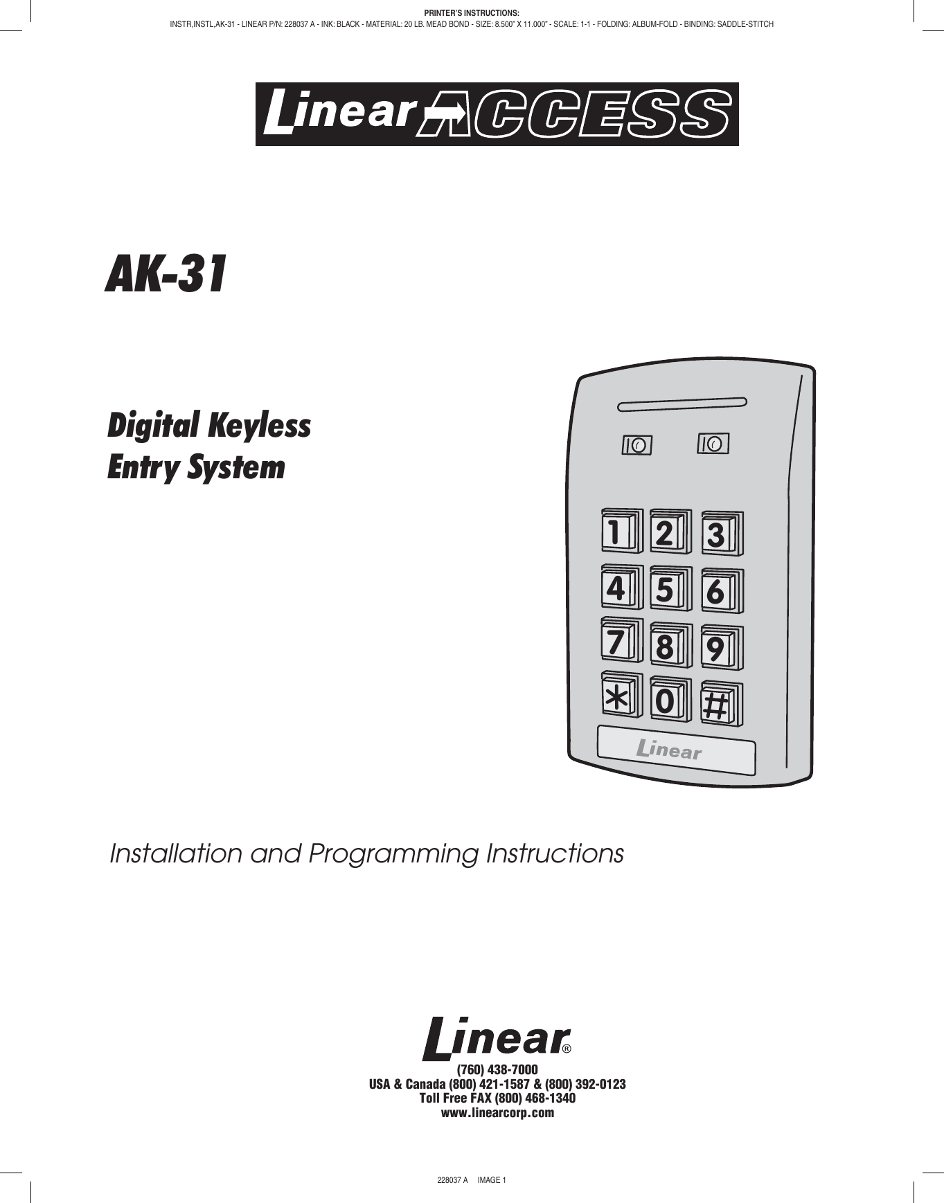 Page 1 of 8 - Linear Linear-Ak-31-Interior-Digital-Keypad-Quick-Start-Guide 228037A