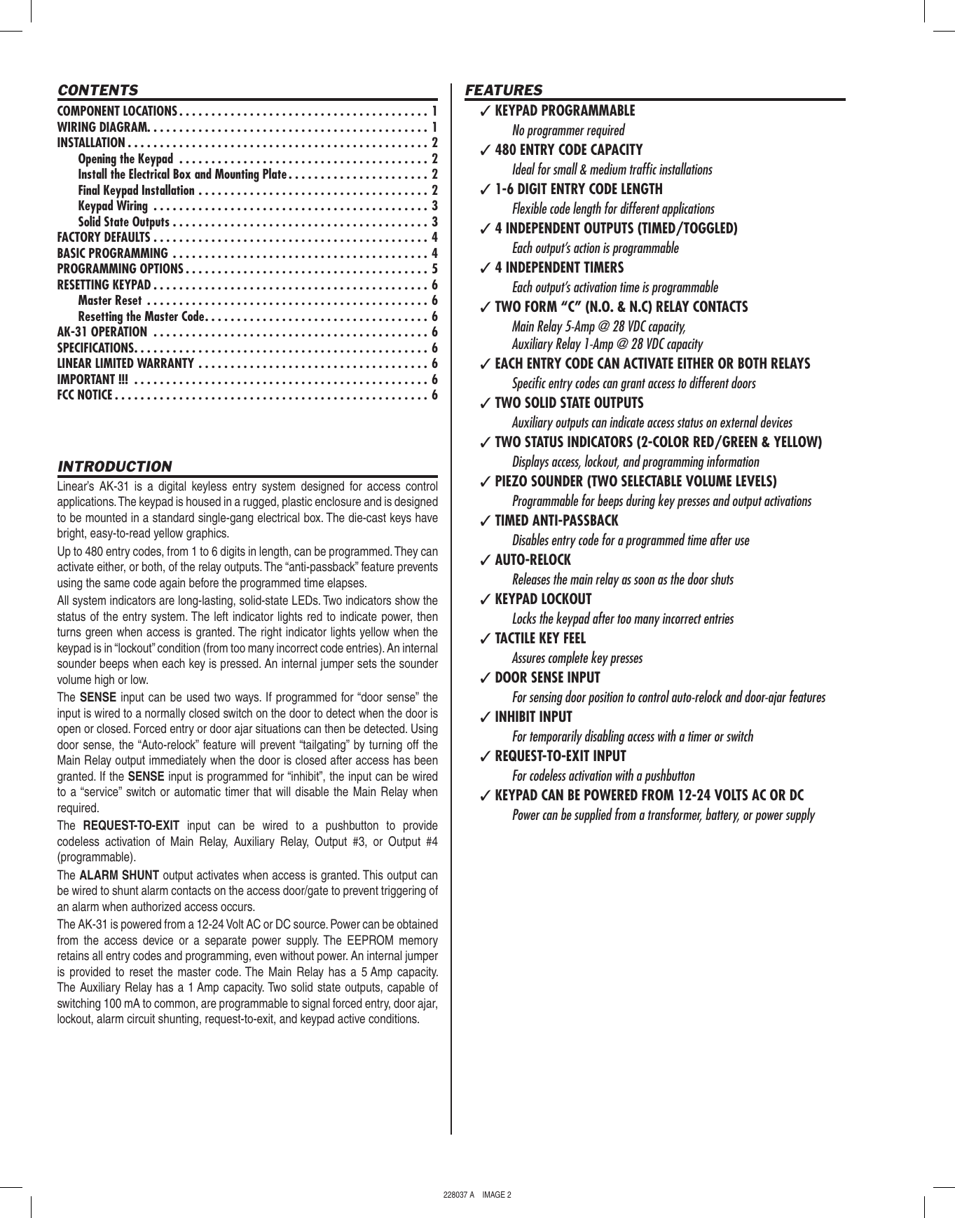 Page 2 of 8 - Linear Linear-Ak-31-Interior-Digital-Keypad-Quick-Start-Guide 228037A