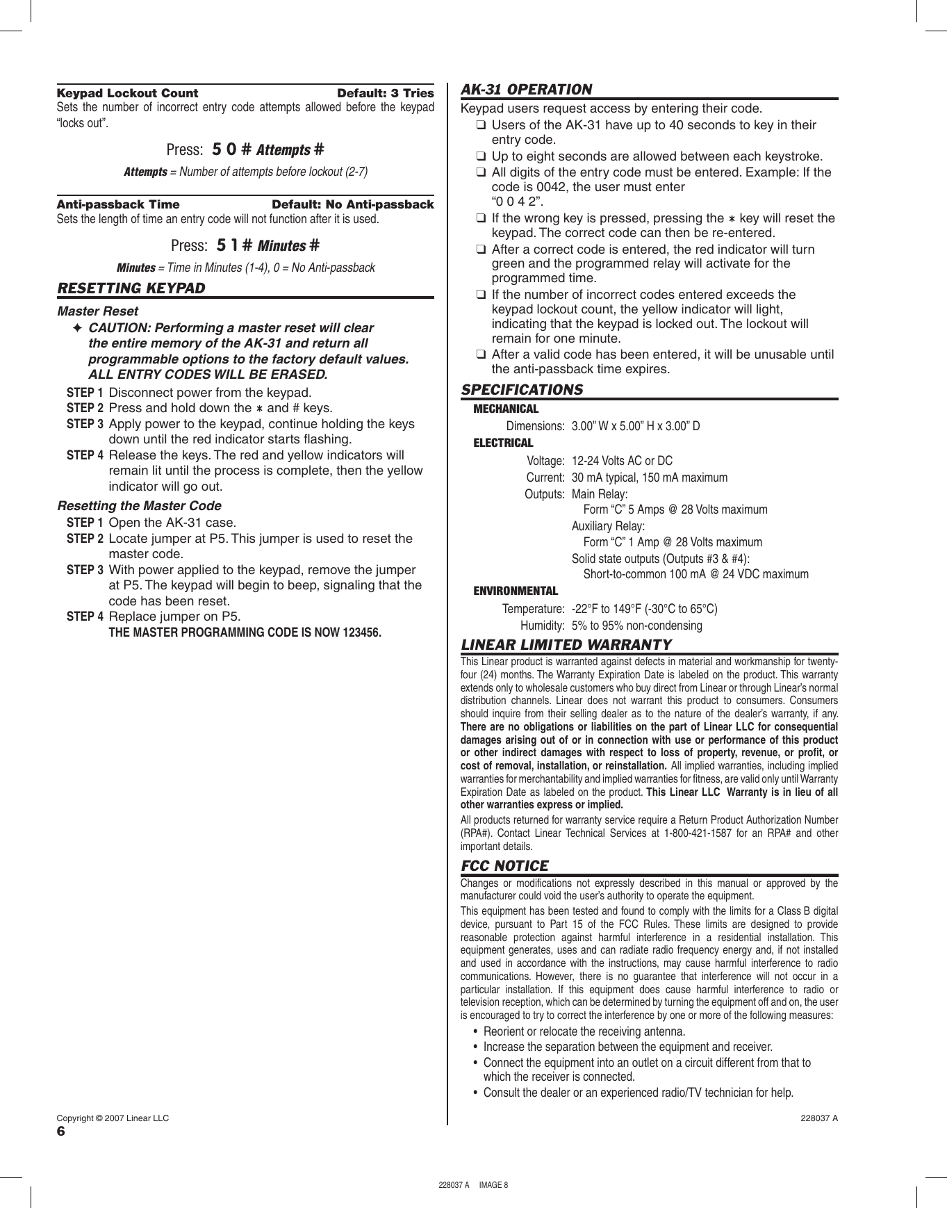 Page 8 of 8 - Linear Linear-Ak-31-Interior-Digital-Keypad-Quick-Start-Guide 228037A