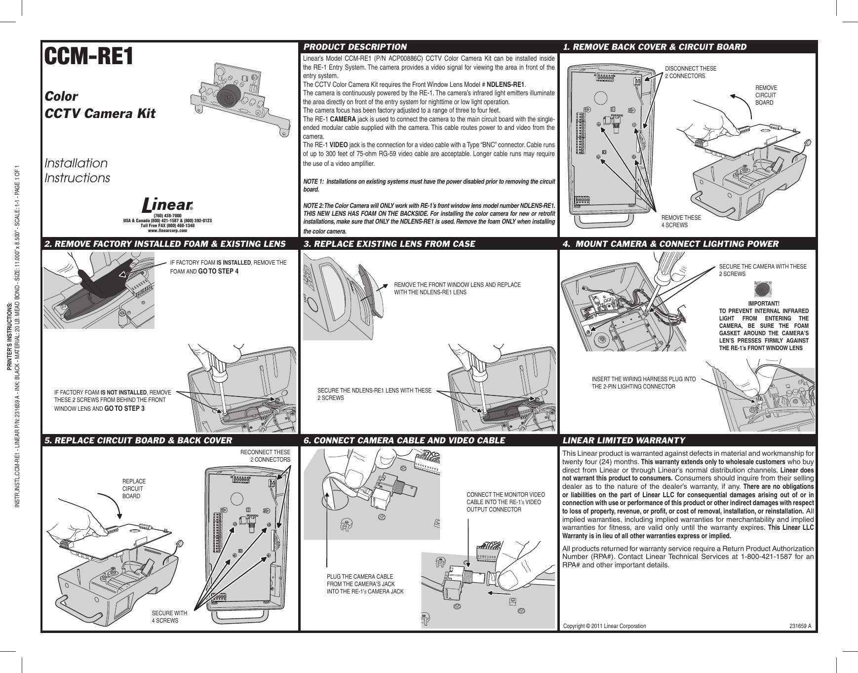 Page 1 of 1 - Linear Linear-Ccm-Re1-Color-Camera-Quick-Start-Guide 231659A