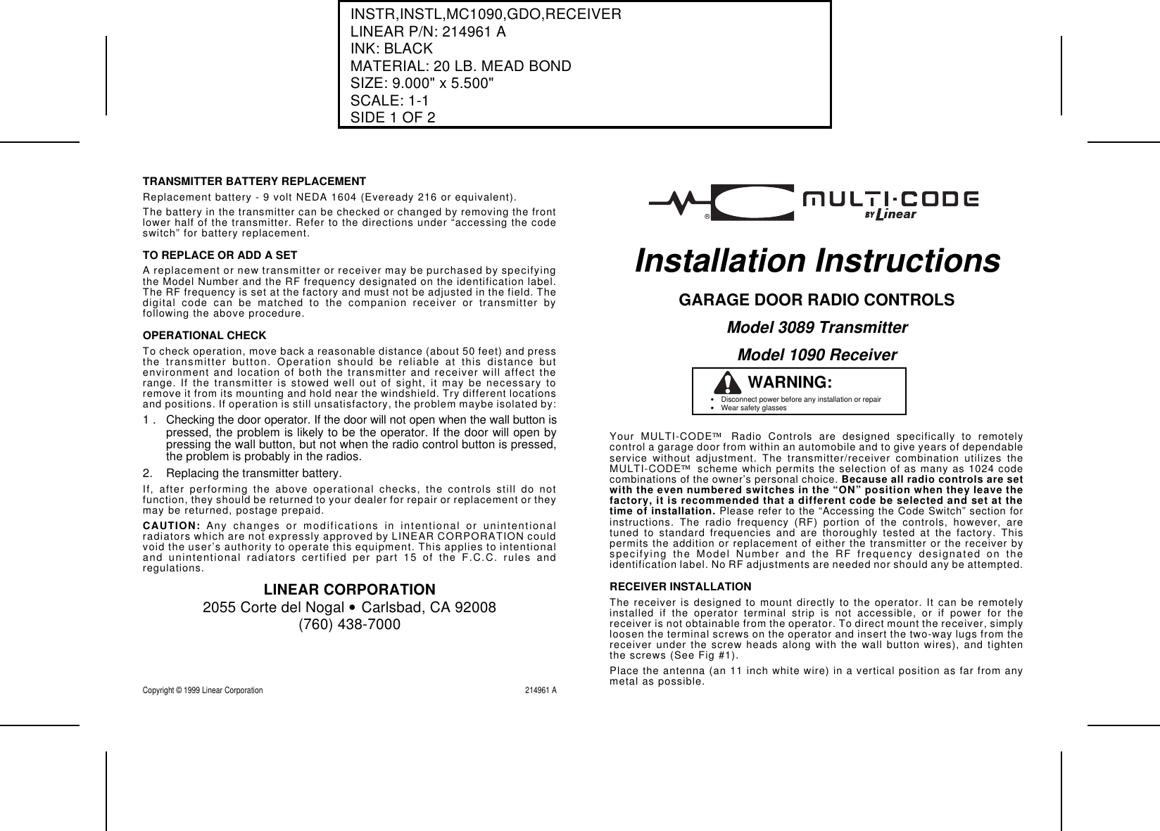 Page 1 of 2 - Linear Linear-Linear-Garage-Door-Opener-1090-Users-Manual- Ventura - 214961A.CHP  Linear-linear-garage-door-opener-1090-users-manual