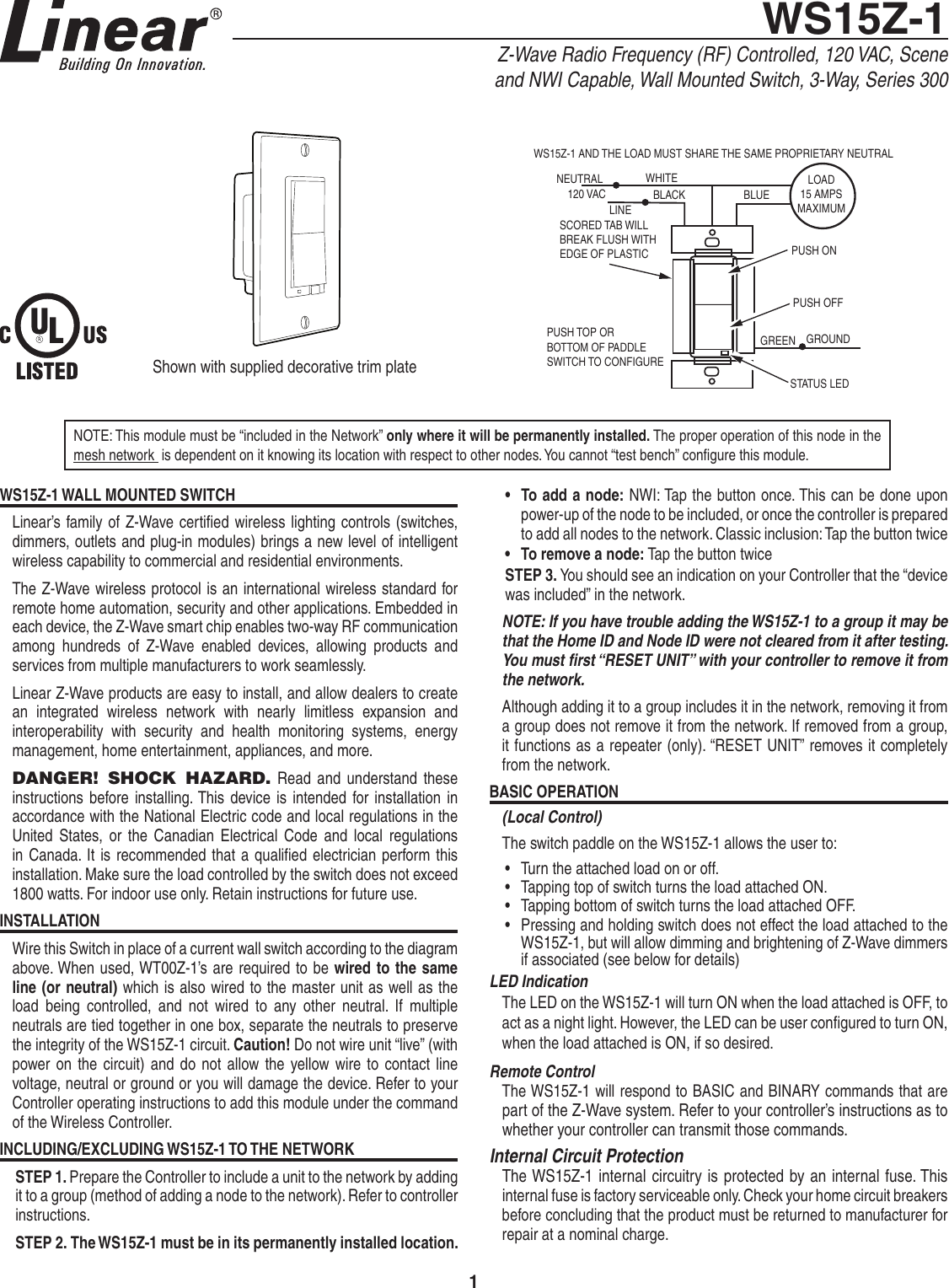 Page 1 of 2 - Linear Linear-Linear-Switch-Ws15Z-1-Users-Manual- P1795 WS15Z-1 Instructions  Linear-linear-switch-ws15z-1-users-manual