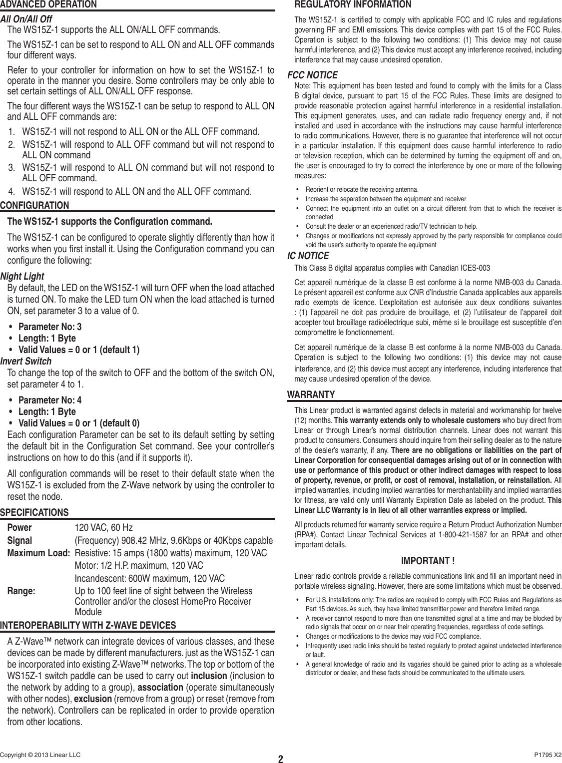 Page 2 of 2 - Linear Linear-Linear-Switch-Ws15Z-1-Users-Manual- P1795 WS15Z-1 Instructions  Linear-linear-switch-ws15z-1-users-manual