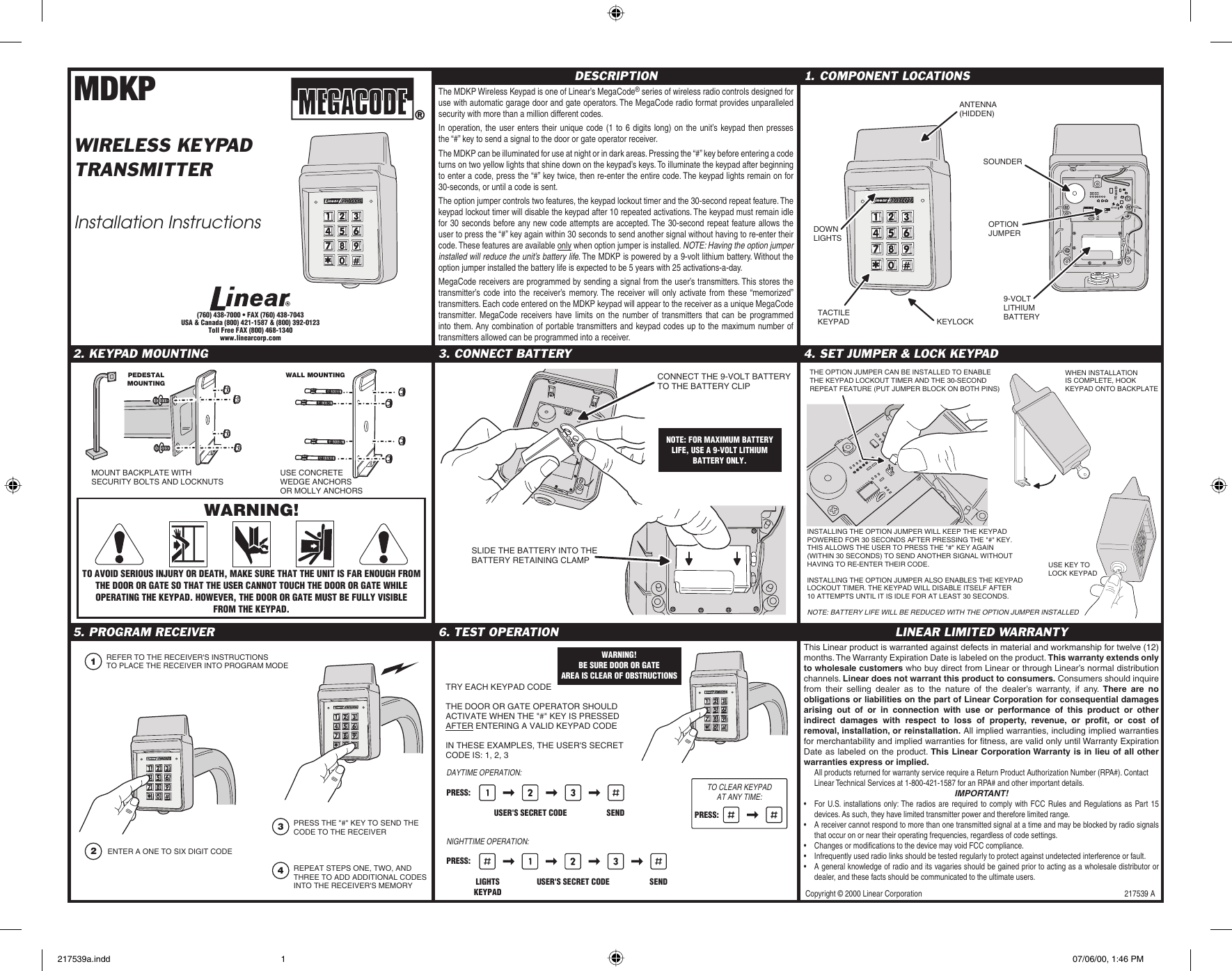 Linear Mdkp Exterior Wireless Keypad Quick Start Guide 217539a