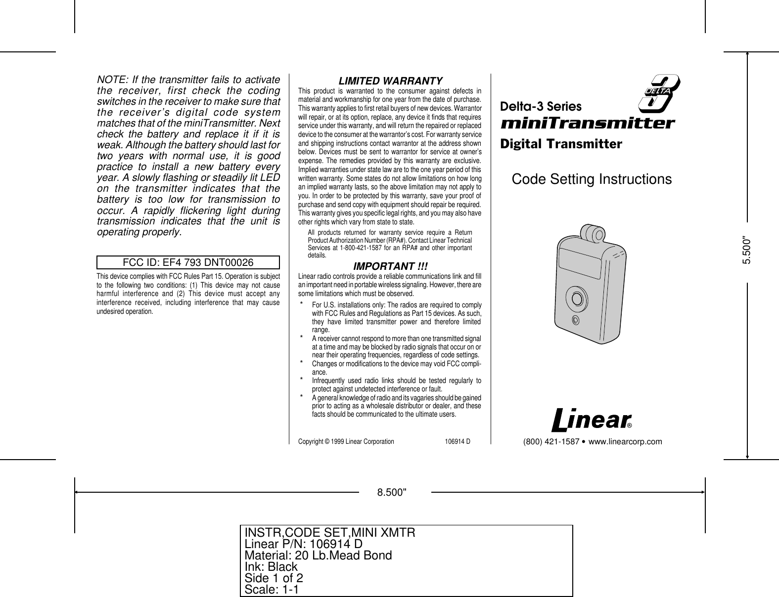 Page 1 of 2 - Linear Linear-Mini-T-1-Channel-Key-Ring-Transmitter-Quick-Start-Guide Ventura - 106914D.CHP