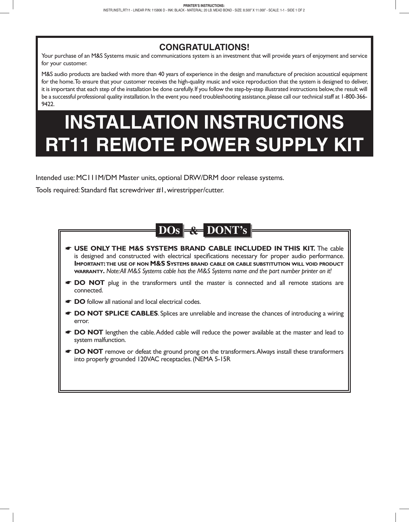 Page 1 of 2 - Linear Linear-Rt11-Remote-Transformer-Quick-Start-Guide 115806D