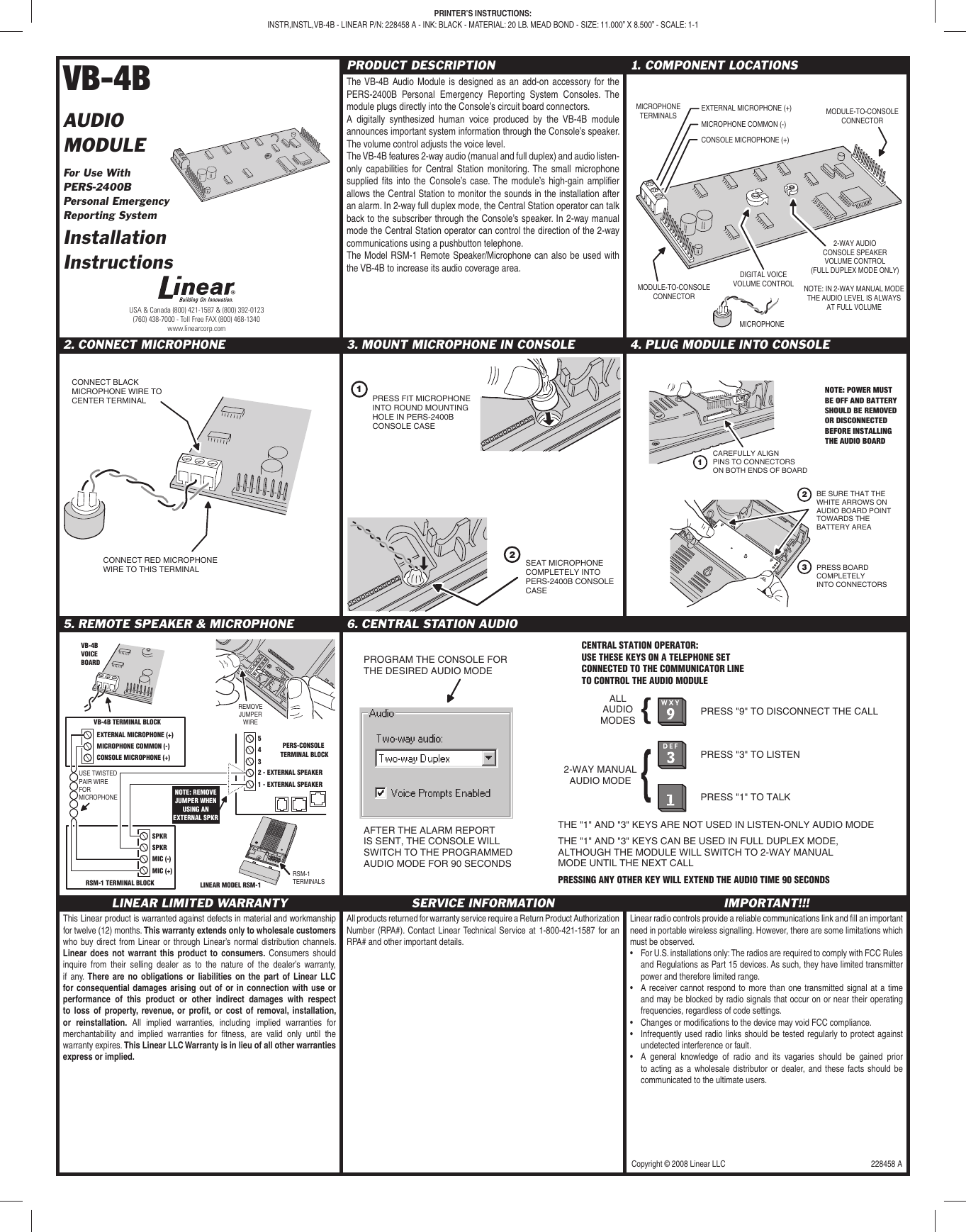 Linear Vb 4B 2 Way Audio Module With Voice Prompts Quick Start Guide ...