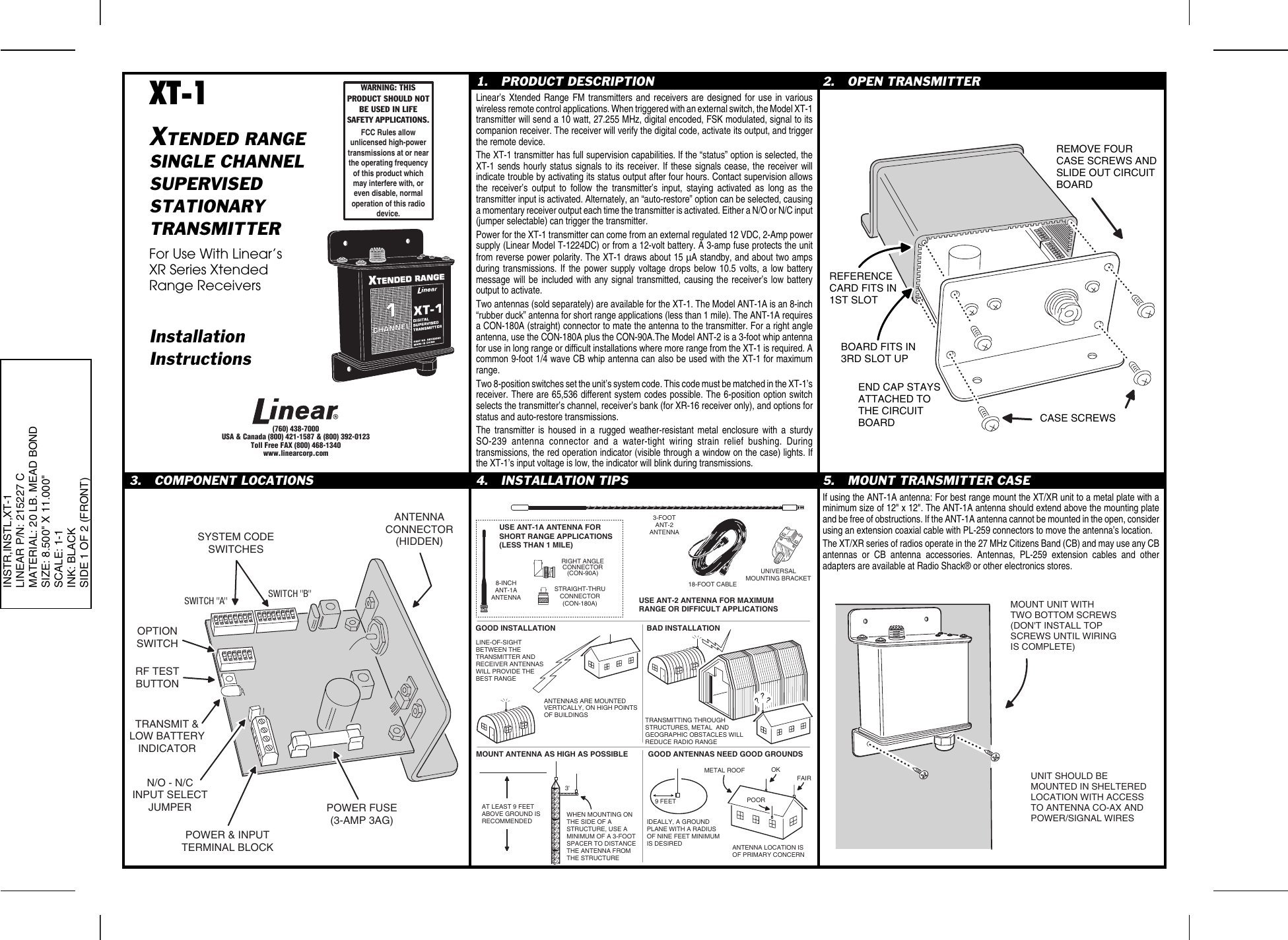 Page 1 of 2 - Linear Linear-Xt-1-1-Channel-Stationary-Mid-Range-Transmitter-Quick-Start-Guide Ventura - 215227C.CHP