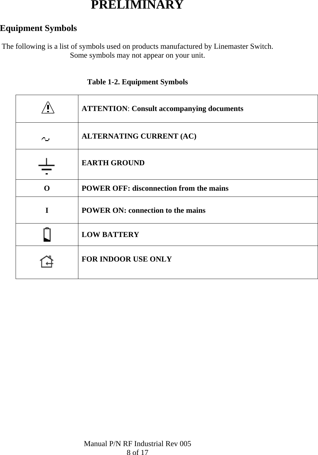 PRELIMINARY  Equipment Symbols  The following is a list of symbols used on products manufactured by Linemaster Switch. Some symbols may not appear on your unit.   Table 1-2. Equipment Symbols    ATTENTION: Consult accompanying documents    ALTERNATING CURRENT (AC)      EARTH GROUND O  POWER OFF: disconnection from the mains  I   POWER ON: connection to the mains   LOW BATTERY     FOR INDOOR USE ONLY           Manual P/N RF Industrial Rev 005 8 of 17 