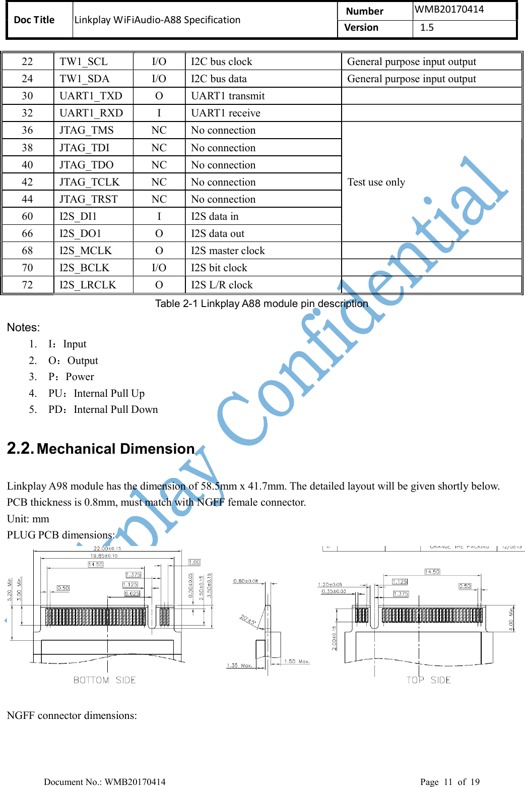 Doc Title  Linkplay WiFiAudio-A88 Specification  Number  WMB20170414 Version  1.5  Document No.: WMB20170414    Page  11  of  19 22  TW1_SCL  I/O  I2C bus clock  General purpose input output 24  TW1_SDA  I/O  I2C bus data  General purpose input output 30  UART1_TXD  O  UART1 transmit   32  UART1_RXD  I  UART1 receive   36  JTAG_TMS  NC  No connection Test use only 38  JTAG_TDI  NC  No connection 40  JTAG_TDO  NC  No connection 42  JTAG_TCLK  NC  No connection 44  JTAG_TRST  NC  No connection 60  I2S_DI1  I  I2S data in 66  I2S_DO1  O  I2S data out 68  I2S_MCLK  O  I2S master clock   70  I2S_BCLK  I/O  I2S bit clock   72  I2S_LRCLK  O  I2S L/R clock   Table 2-1 Linkplay A88 module pin description Notes: 1. I：Input 2. O：Output 3. P：Power 4. PU：Internal Pull Up 5. PD：Internal Pull Down 2.2. Mechanical Dimension Linkplay A98 module has the dimension of 58.5mm x 41.7mm. The detailed layout will be given shortly below. PCB thickness is 0.8mm, must match with NGFF female connector. Unit: mm PLUG PCB dimensions:   NGFF connector dimensions: 