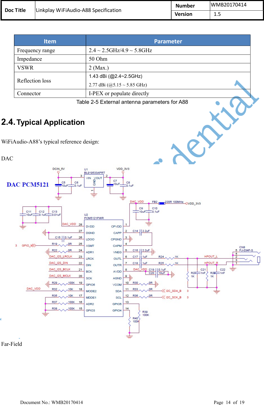 Doc Title  Linkplay WiFiAudio-A88 Specification  Number  WMB20170414 Version  1.5  Document No.: WMB20170414    Page  14  of  19    Item  Parameter Frequency range  2.4 ~ 2.5GHz/4.9 ~ 5.8GHz Impedance  50 Ohm VSWR  2 (Max.) Reflection loss  1.43 dBi (@2.4~2.5GHz)   2.77 dBi (@5.15 ~ 5.85 GHz)   Connector  I-PEX or populate directly Table 2-5 External antenna parameters for A88 2.4. Typical Application WiFiAudio-A88’s typical reference design:  DAC  Far-Field 