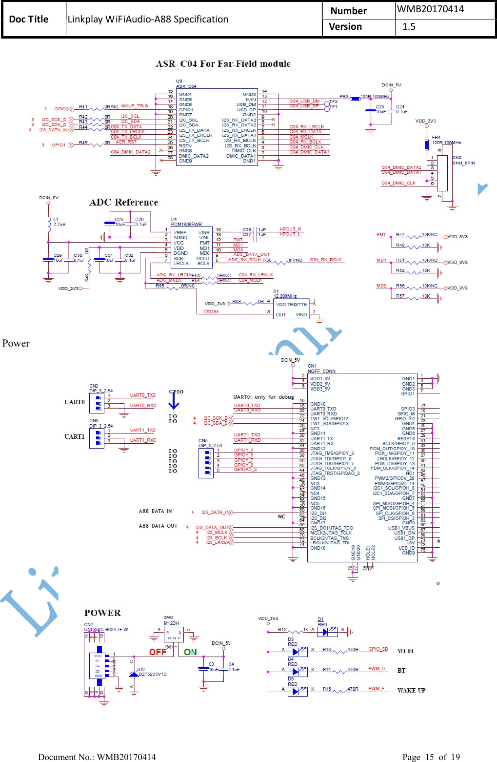 Doc Title  Linkplay WiFiAudio-A88 Specification  Number  WMB20170414 Version  1.5  Document No.: WMB20170414    Page  15  of  19  Power  