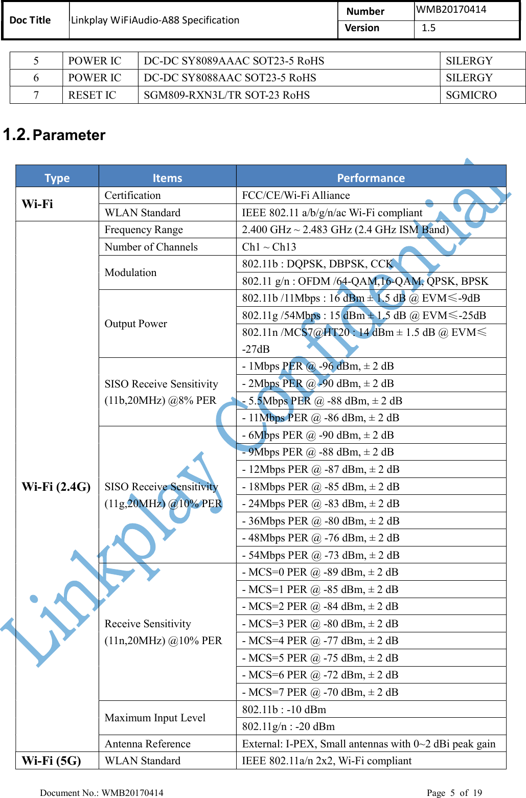 Doc Title  Linkplay WiFiAudio-A88 Specification  Number  WMB20170414 Version    1.5  Document No.: WMB20170414    Page  5  of  19 5  POWER IC  DC-DC SY8089AAAC SOT23-5 RoHS  SILERGY 6  POWER IC  DC-DC SY8088AAC SOT23-5 RoHS  SILERGY 7  RESET IC  SGM809-RXN3L/TR SOT-23 RoHS  SGMICRO 1.2. Parameter Type Items  Performance Wi-Fi  Certification  FCC/CE/Wi-Fi Alliance WLAN Standard  IEEE 802.11 a/b/g/n/ac Wi-Fi compliant Wi-Fi (2.4G) Frequency Range  2.400 GHz ~ 2.483 GHz (2.4 GHz ISM Band) Number of Channels  Ch1 ~ Ch13 Modulation  802.11b : DQPSK, DBPSK, CCK 802.11 g/n : OFDM /64-QAM,16-QAM, QPSK, BPSK Output Power 802.11b /11Mbps : 16 dBm ± 1.5 dB @ EVM≤-9dB 802.11g /54Mbps : 15 dBm ± 1.5 dB @ EVM≤-25dB 802.11n /MCS7@HT20 : 14 dBm ± 1.5 dB @ EVM≤-27dB SISO Receive Sensitivity (11b,20MHz) @8% PER - 1Mbps PER @ -96 dBm, ± 2 dB - 2Mbps PER @ -90 dBm, ± 2 dB - 5.5Mbps PER @ -88 dBm, ± 2 dB - 11Mbps PER @ -86 dBm, ± 2 dB SISO Receive Sensitivity (11g,20MHz) @10% PER - 6Mbps PER @ -90 dBm, ± 2 dB - 9Mbps PER @ -88 dBm, ± 2 dB - 12Mbps PER @ -87 dBm, ± 2 dB - 18Mbps PER @ -85 dBm, ± 2 dB - 24Mbps PER @ -83 dBm, ± 2 dB - 36Mbps PER @ -80 dBm, ± 2 dB - 48Mbps PER @ -76 dBm, ± 2 dB - 54Mbps PER @ -73 dBm, ± 2 dB Receive Sensitivity (11n,20MHz) @10% PER - MCS=0 PER @ -89 dBm, ± 2 dB - MCS=1 PER @ -85 dBm, ± 2 dB - MCS=2 PER @ -84 dBm, ± 2 dB - MCS=3 PER @ -80 dBm, ± 2 dB - MCS=4 PER @ -77 dBm, ± 2 dB - MCS=5 PER @ -75 dBm, ± 2 dB - MCS=6 PER @ -72 dBm, ± 2 dB - MCS=7 PER @ -70 dBm, ± 2 dB Maximum Input Level  802.11b : -10 dBm 802.11g/n : -20 dBm Antenna Reference  External: I-PEX, Small antennas with 0~2 dBi peak gain Wi-Fi (5G)  WLAN Standard  IEEE 802.11a/n 2x2, Wi-Fi compliant 
