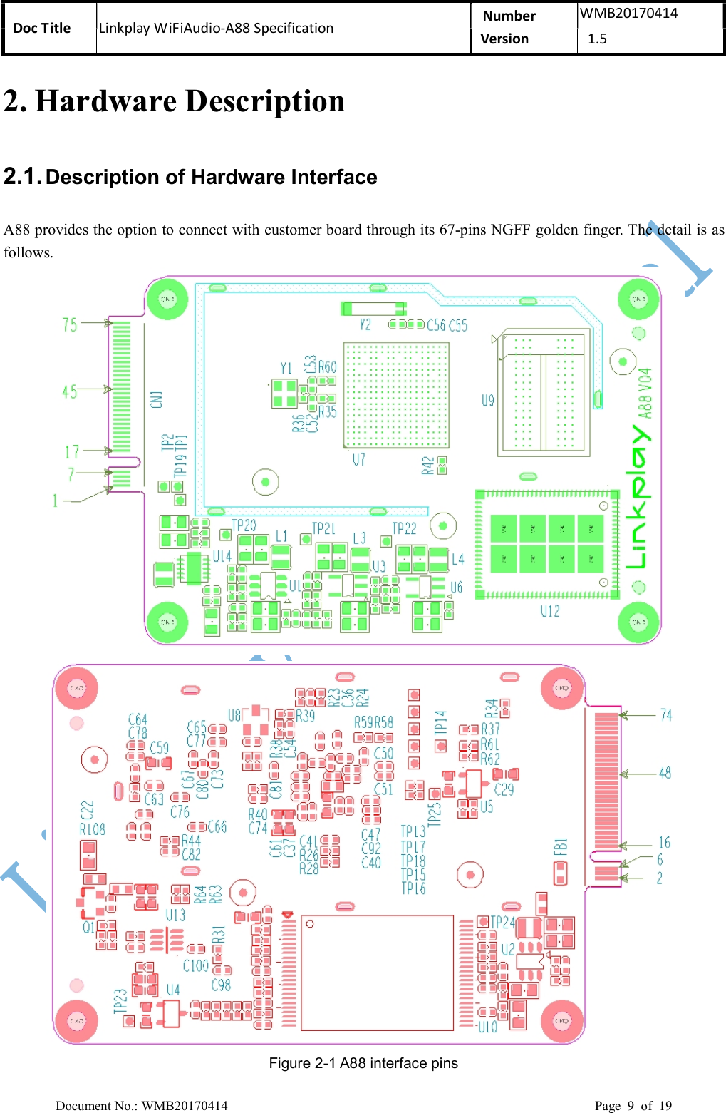 Doc Title  Linkplay WiFiAudio-A88 Specification  Number  WMB20170414 Version  1.5  Document No.: WMB20170414    Page  9  of  19 2. Hardware Description 2.1. Description of Hardware Interface A88 provides the option to connect with customer board through its 67-pins NGFF golden finger. The detail is as follows.   Figure 2-1 A88 interface pins 