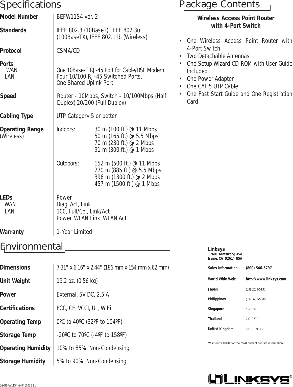 Page 2 of 2 - Befw11s4 Ver. 2 Data Sheet  BEFW11S4-v2 Ds,0
