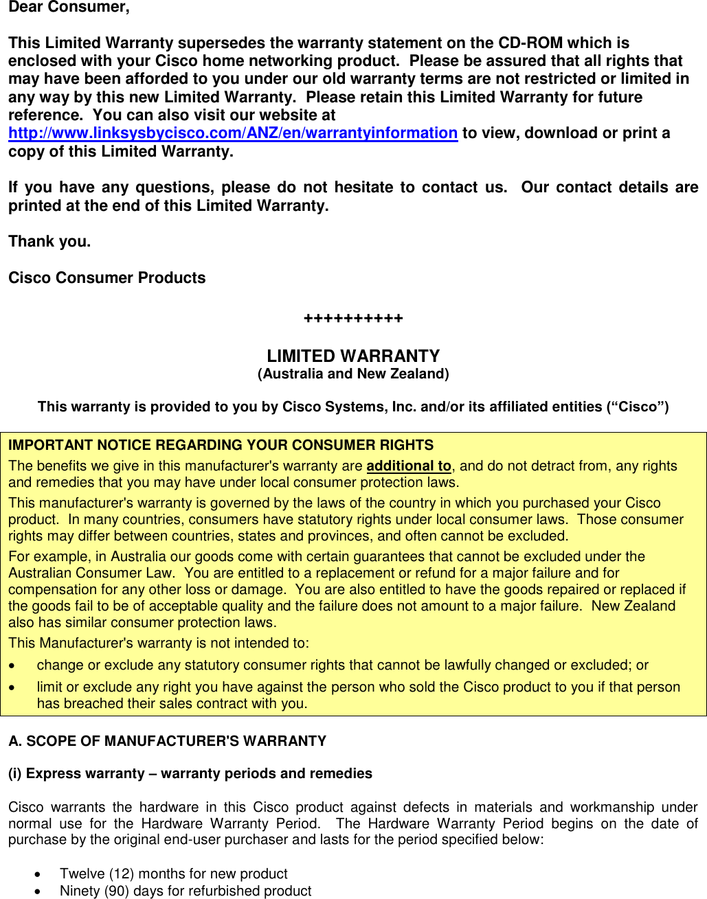 Page 1 of 4 - LIMITED WARRANTY FOR LINKSYS PRODUCT V  Cisco Australia NZ Clean8411 PAPER INSERT NO FOOTER