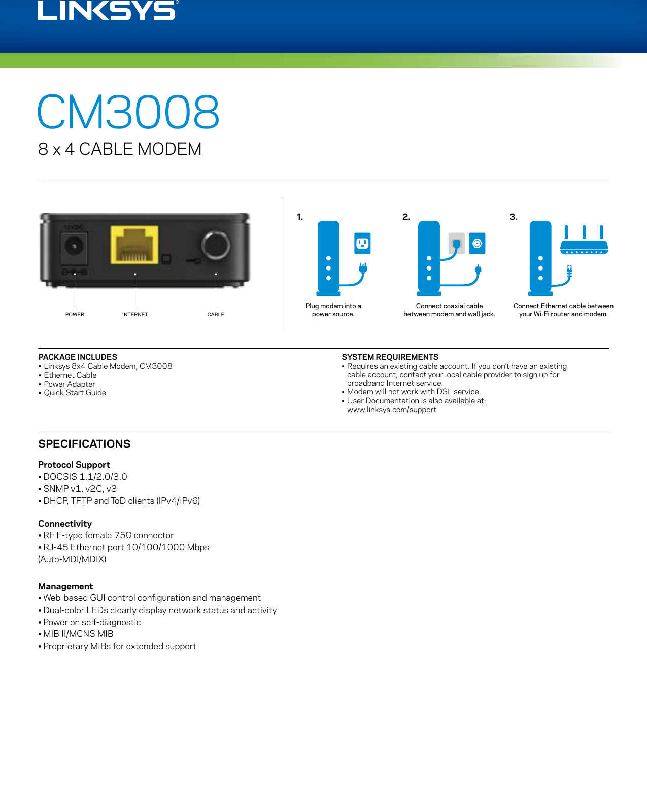 Page 2 of 3 - Datasheet - Linksys CM3008 8x4 Cable Modem  DS DOCSIS 3.0 LNKPG-00326 Rev. A00