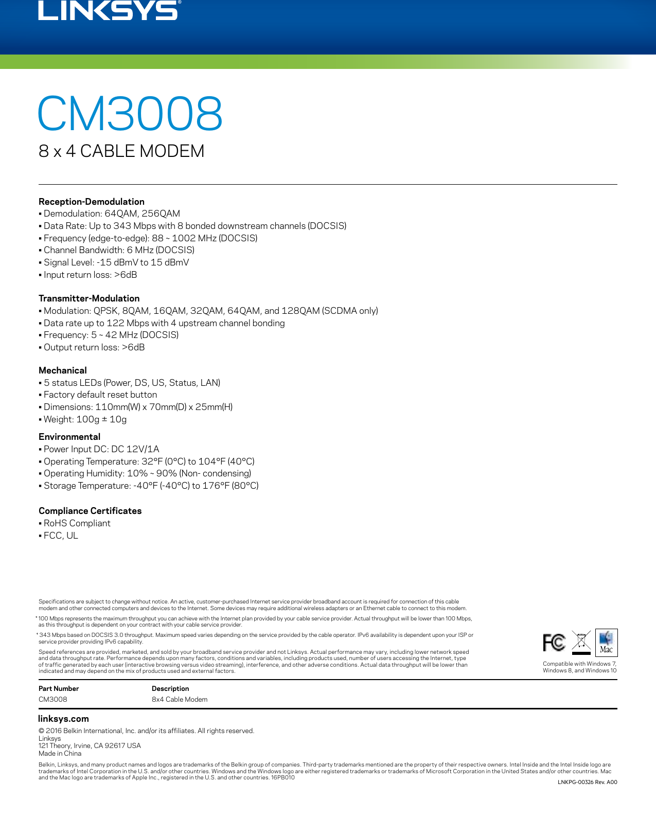 Page 3 of 3 - Datasheet - Linksys CM3008 8x4 Cable Modem  DS DOCSIS 3.0 LNKPG-00326 Rev. A00