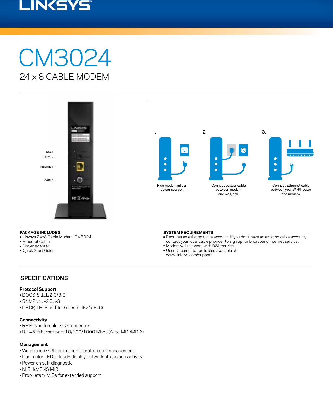 Page 2 of 3 - Datasheet - Linksys CM3024 24x8 Cable Modem  DS DOCSIS 3.0 LNKPG-00328 Rev. A00