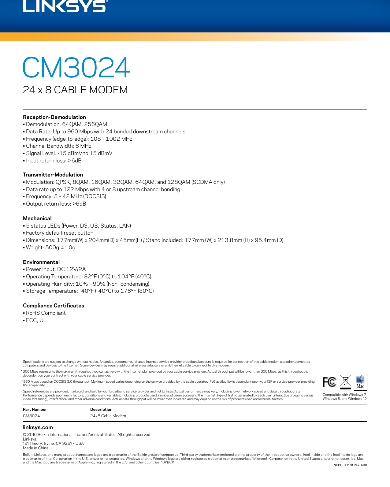 Page 3 of 3 - Datasheet - Linksys CM3024 24x8 Cable Modem  DS DOCSIS 3.0 LNKPG-00328 Rev. A00
