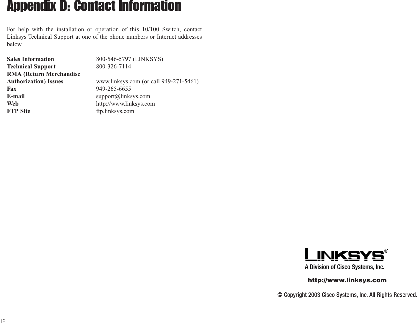 Page 9 of 9 - Linksys Linksys-Sd205-Owners-Manual Cisco SD205, SD208, SD216 10/100 Switches Quick Start Guide