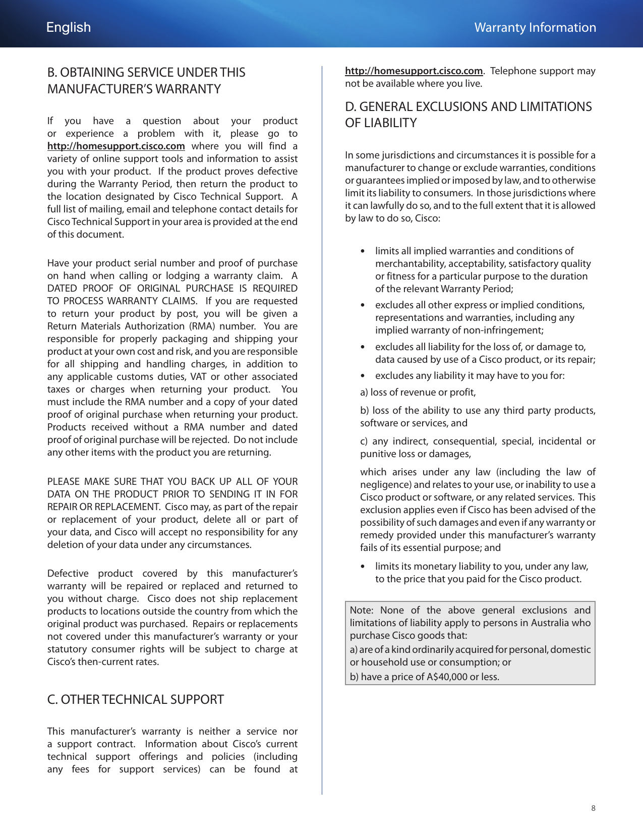 Linksys Se3005 Owner S Manual Warranty Information