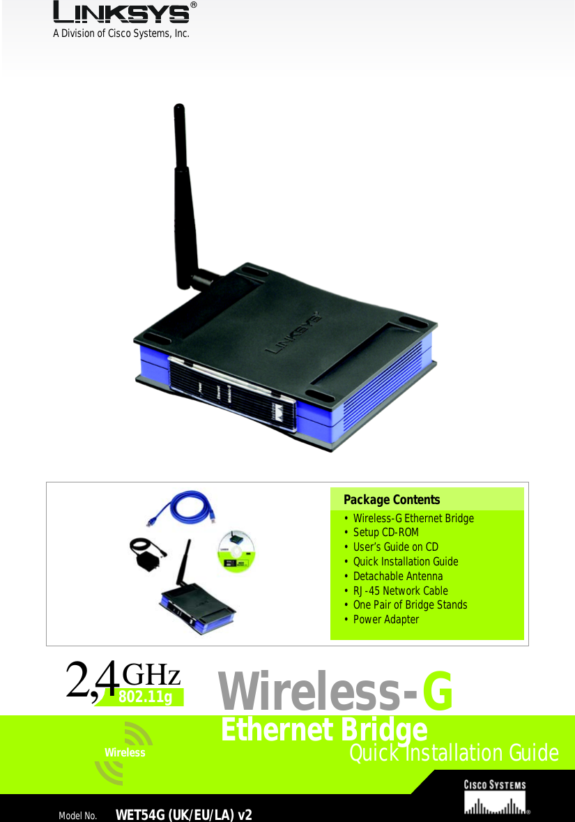 Page 1 of 8 - Linksys Linksys-Wet54G-Quick-Start-Guide WET54G-UK-EU-LA_V2-QIG-Rev_NC