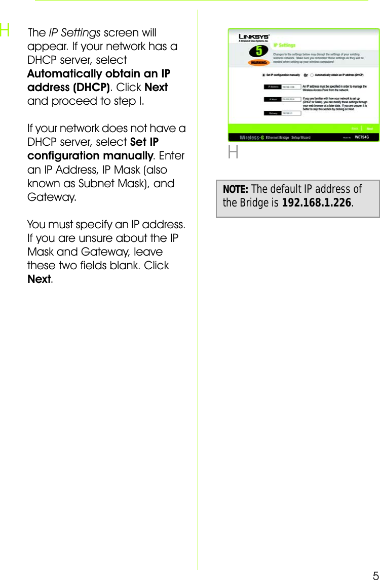 Page 5 of 8 - Linksys Linksys-Wet54G-Quick-Start-Guide WET54G-UK-EU-LA_V2-QIG-Rev_NC