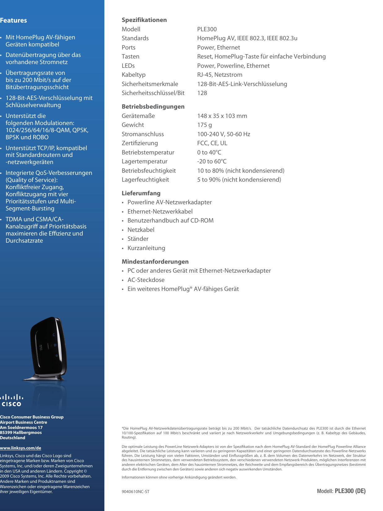 Page 2 of 2 - Linksys By Cisco PLE300 Powerline AV-Netzwerkadapter  PLE300-DE V10 DS NC