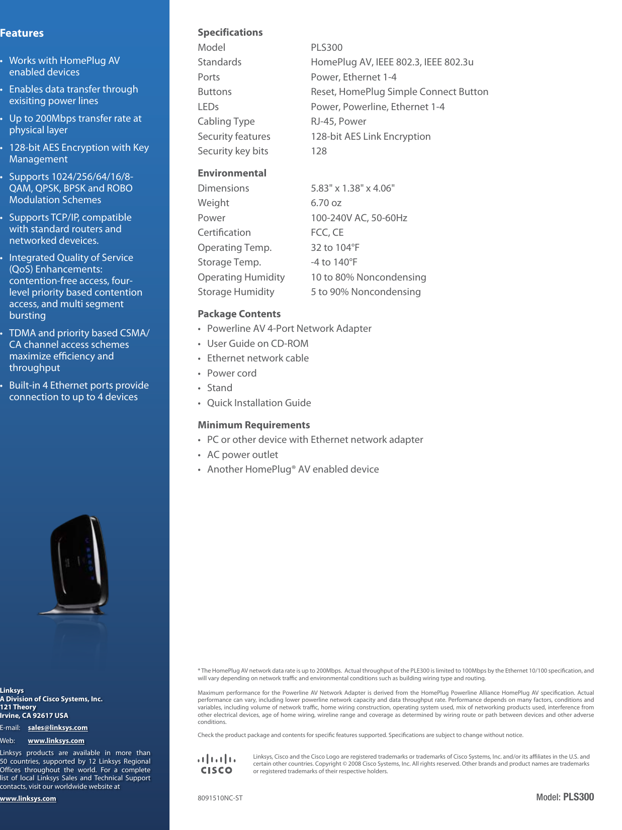 Page 2 of 2 - Linksys PLS300 Powerline AV 4-Port Network Adapter  V10 DS NC-WEB