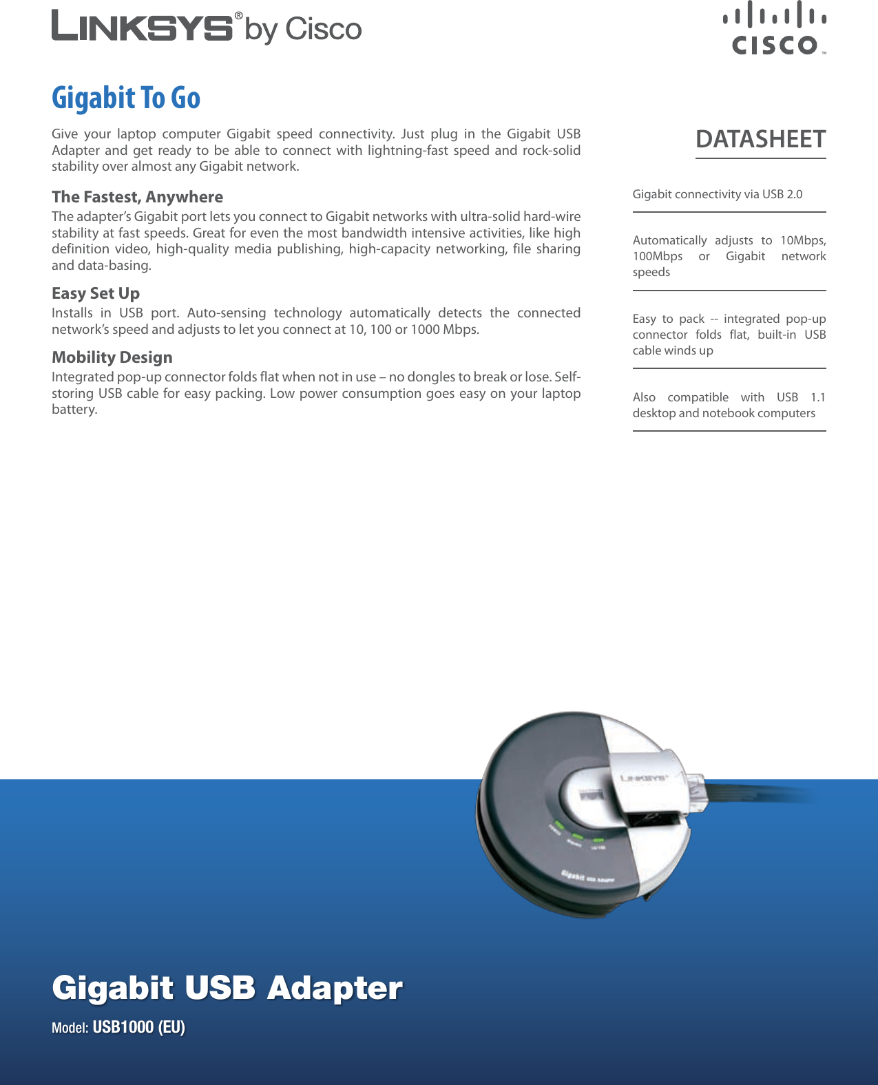 Page 1 of 2 - Linksys USB1000 Gigabit USB Adapter  USB1000-EU V10 DS A-WEB