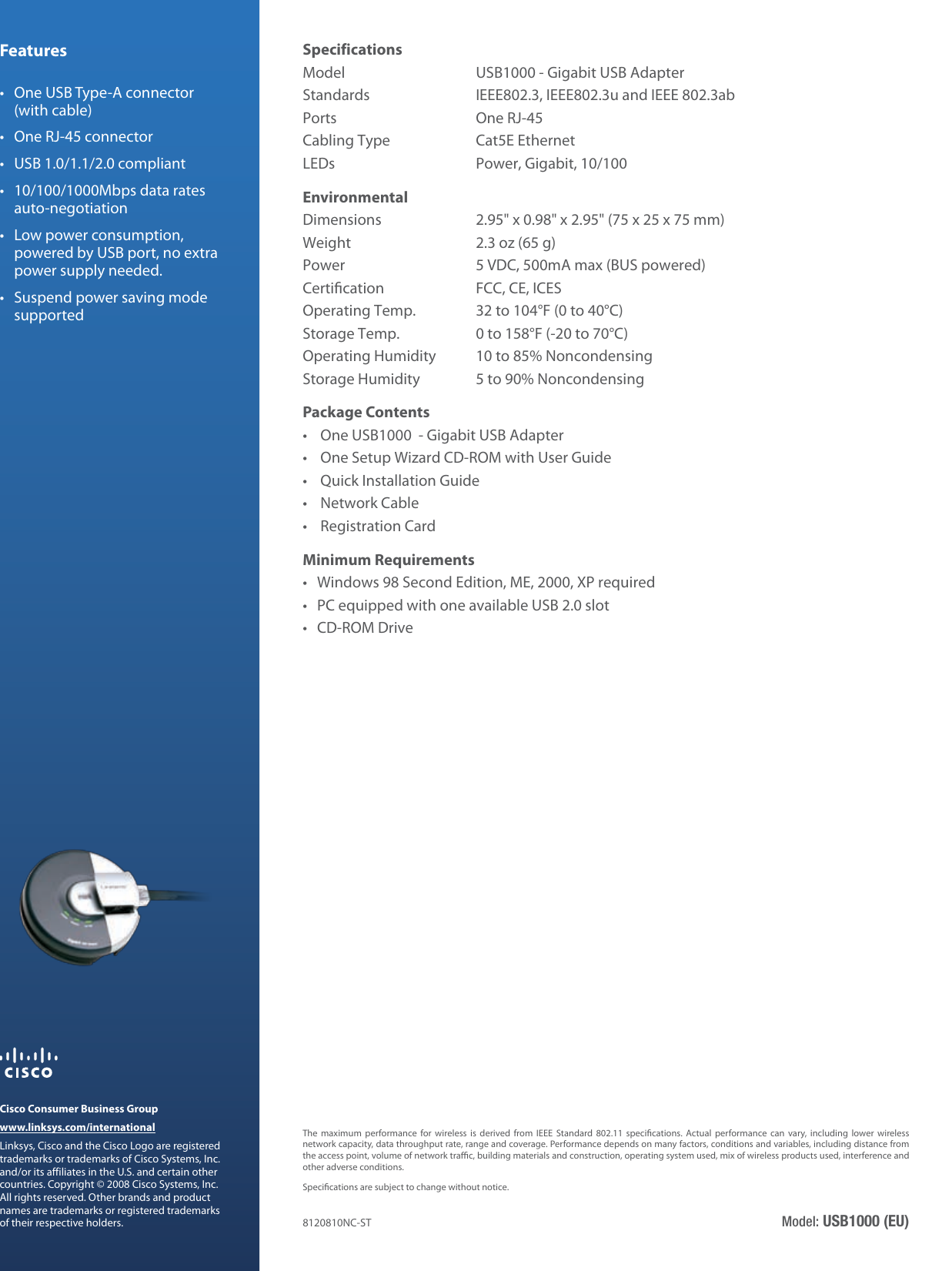 Page 2 of 2 - Linksys USB1000 Gigabit USB Adapter  USB1000-EU V10 DS A-WEB