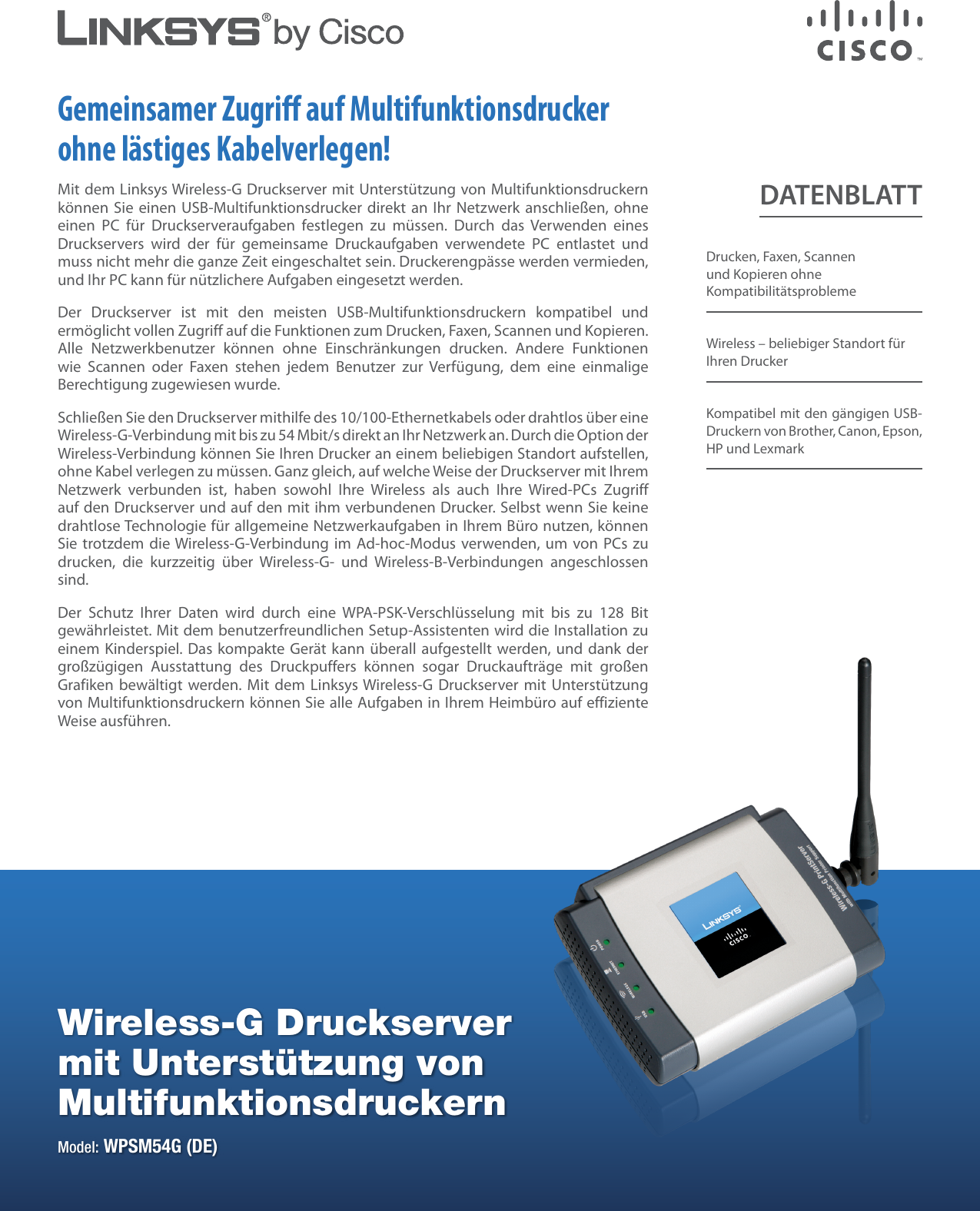 Page 1 of 2 - Linksys WPSM54G Wireless-G Druckserver Mit Unterstutzung Von Multifunktionsdruckern  WPSM54G-DE V10 DS B-WEB,0