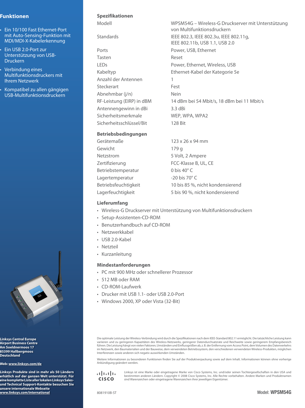 Page 2 of 2 - Linksys WPSM54G Wireless-G Druckserver Mit Unterstutzung Von Multifunktionsdruckern  WPSM54G-DE V10 DS B-WEB,0