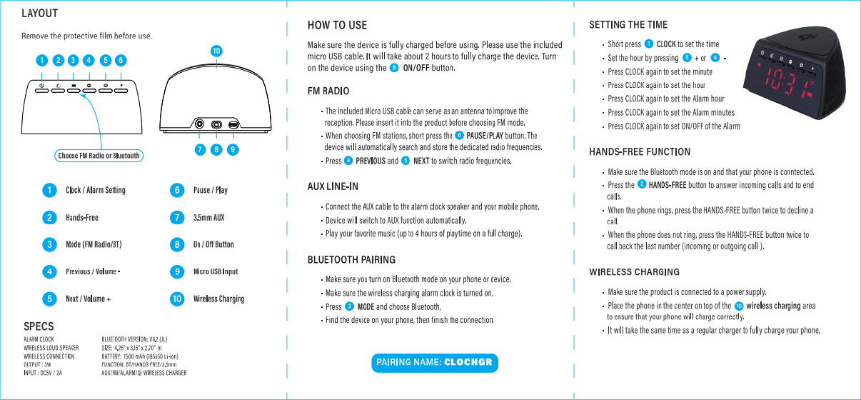 Page 2 of Linpa Technology LBS134 Alarm clock BT Speaker& Wireless Charger User Manual 