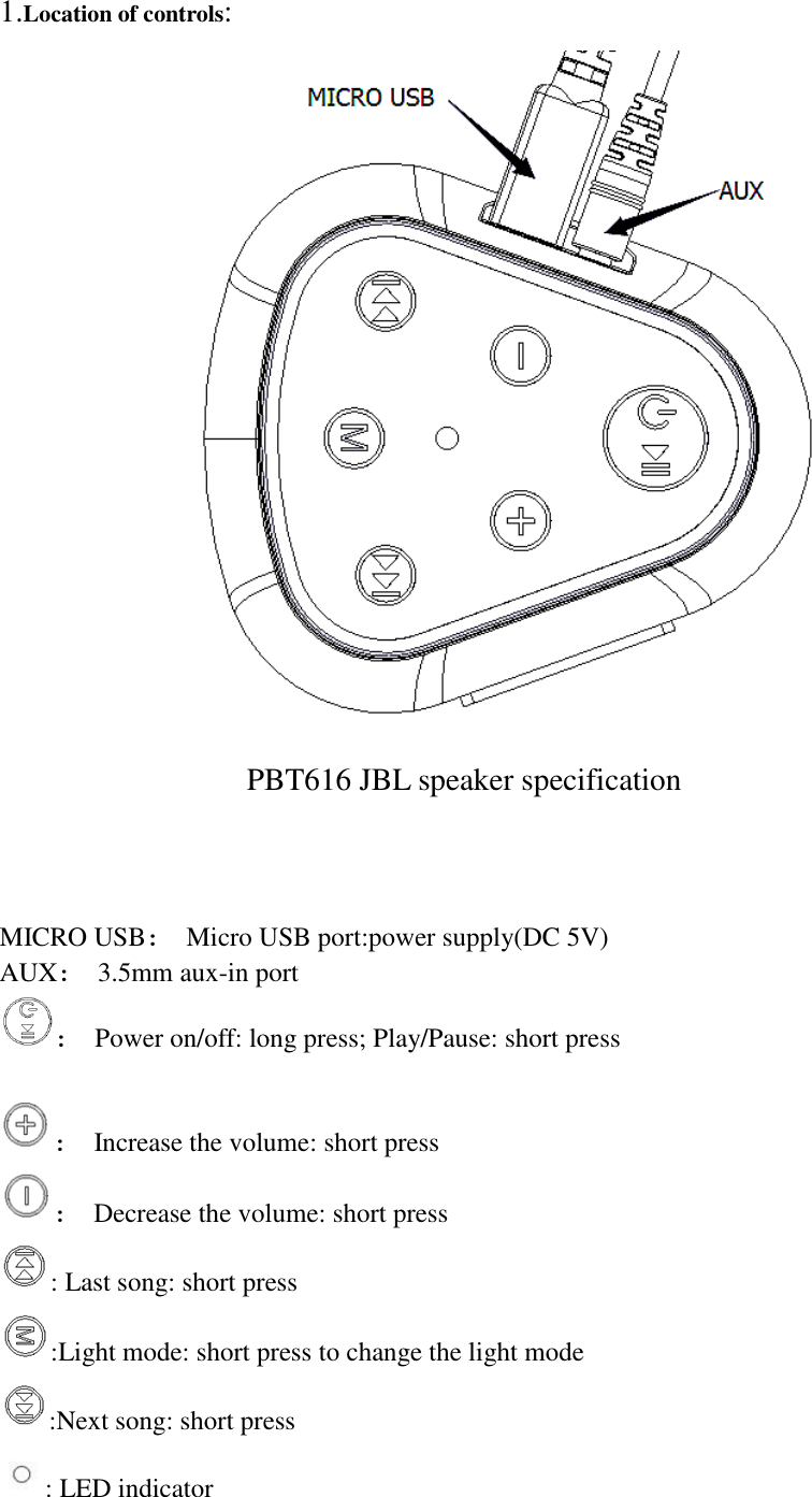   1.Location of controls:             PBT616 JBL speaker specification   MICRO USB：  Micro USB port:power supply(DC 5V) AUX：  3.5mm aux-in port ：  Power on/off: long press; Play/Pause: short press  ：  Increase the volume: short press ：  Decrease the volume: short press : Last song: short press :Light mode: short press to change the light mode :Next song: short press : LED indicator 