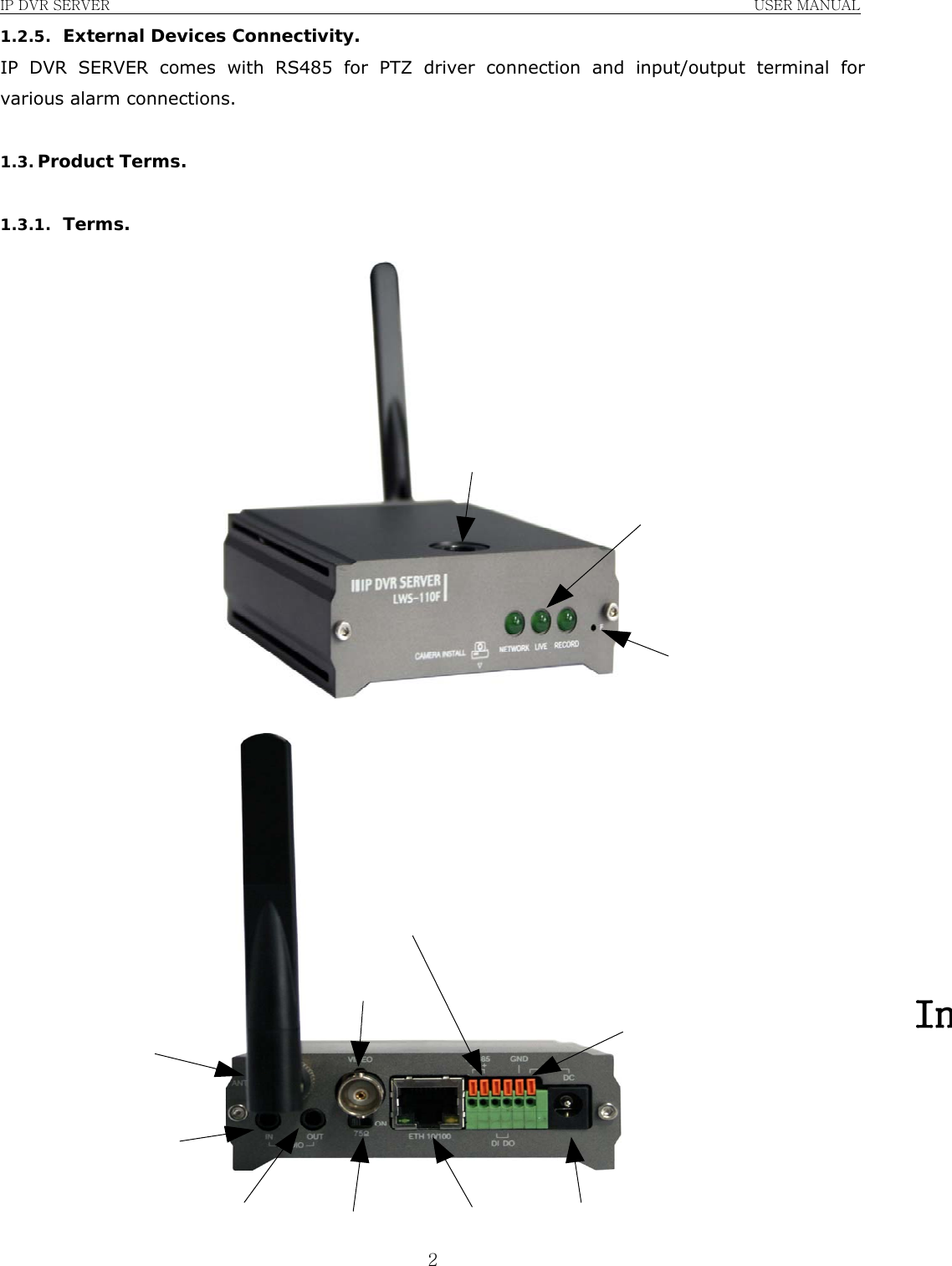 IP DVR SERVER                                                               USER MANUAL  21.2.5. External Devices Connectivity. IP DVR SERVER comes with RS485 for PTZ driver connection and input/output terminal for various alarm connections.  1.3. Product Terms.  1.3.1. Terms.                                 