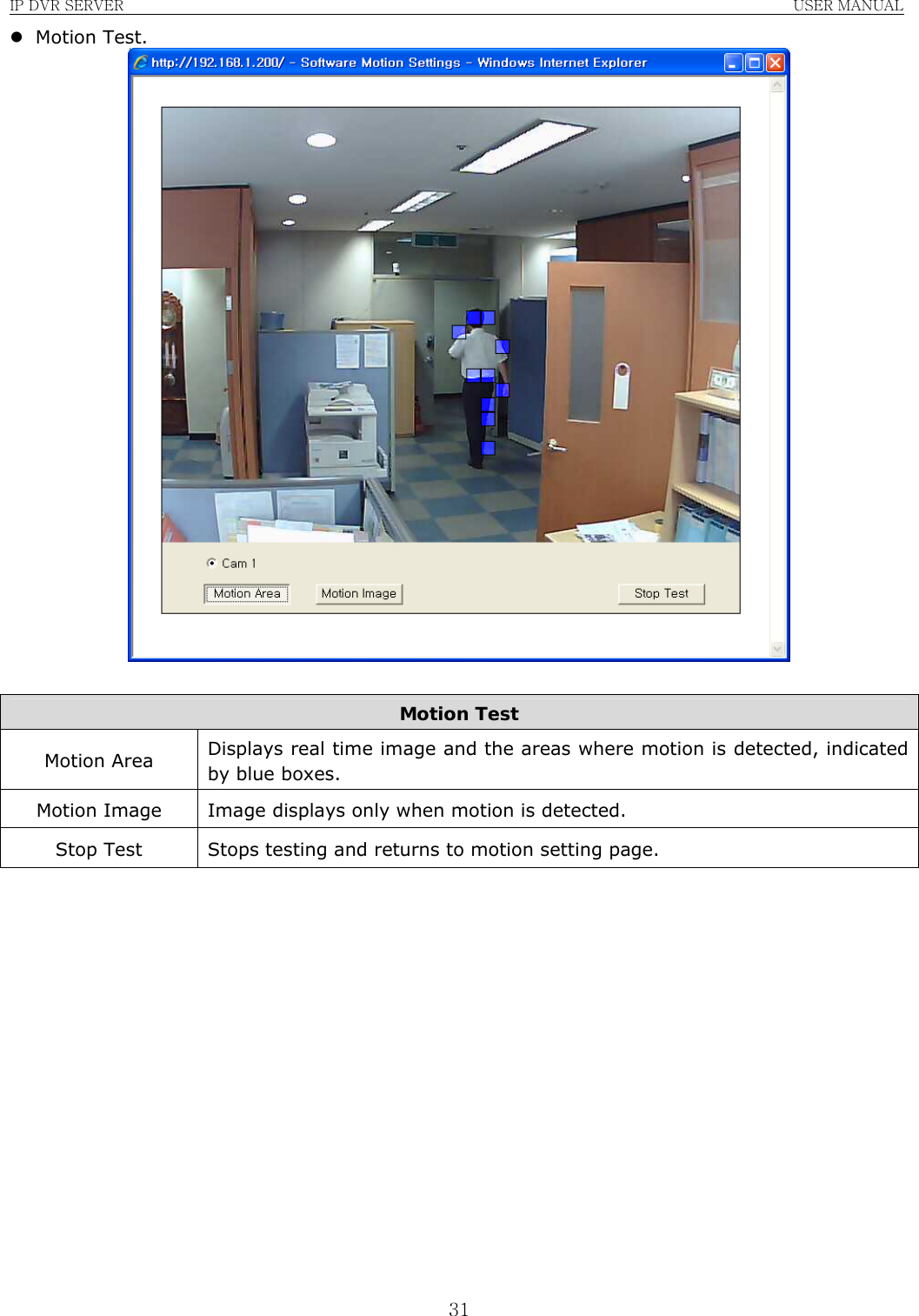 IP DVR SERVER                                                               USER MANUAL  31z Motion Test.   Motion Test Motion Area  Displays real time image and the areas where motion is detected, indicated by blue boxes. Motion Image  Image displays only when motion is detected. Stop Test  Stops testing and returns to motion setting page.         