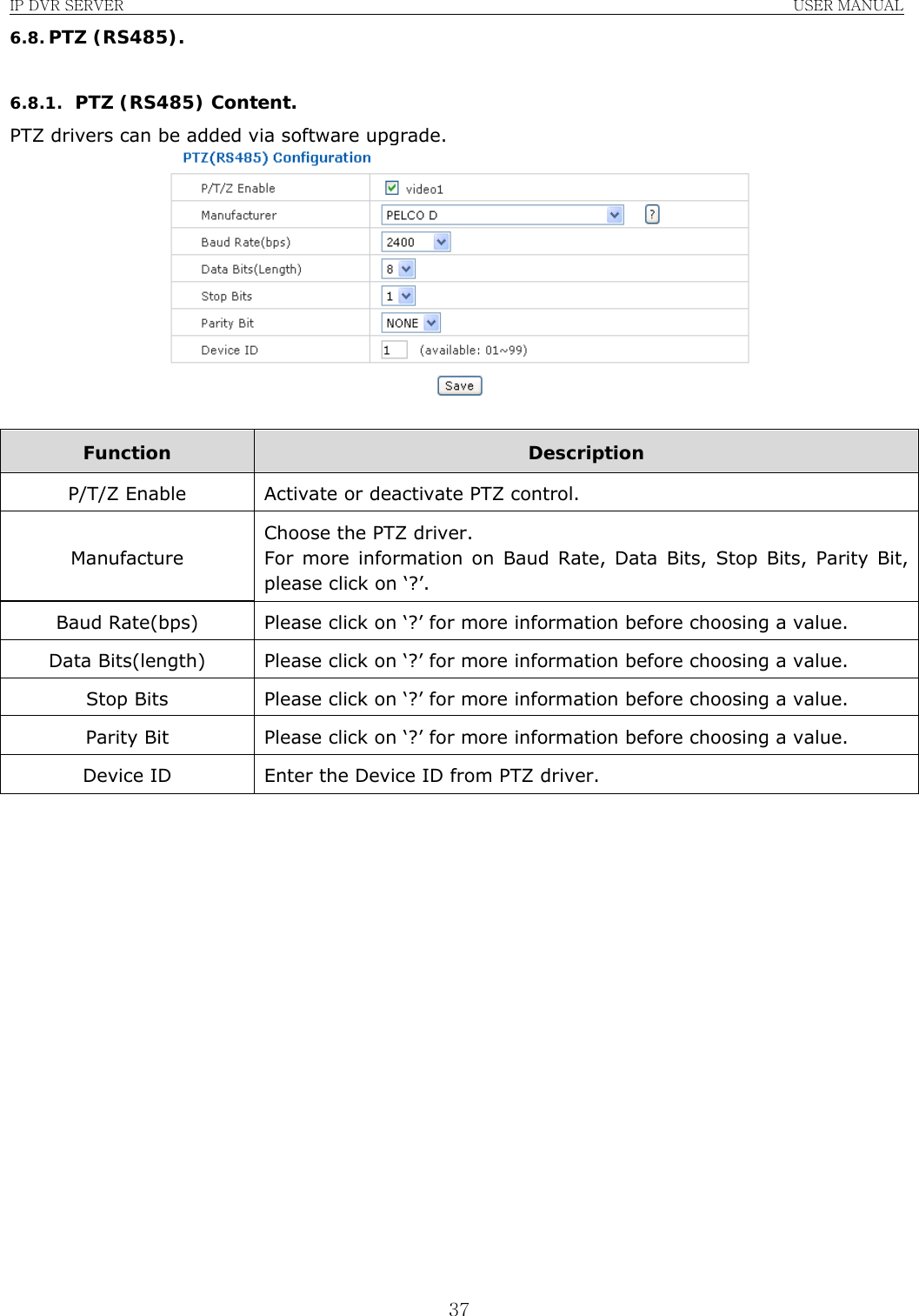 IP DVR SERVER                                                               USER MANUAL  376.8. PTZ (RS485).  6.8.1. PTZ (RS485) Content. PTZ drivers can be added via software upgrade.   Function  Description P/T/Z Enable  Activate or deactivate PTZ control. Manufacture Choose the PTZ driver. For more information on Baud Rate, Data Bits, Stop Bits, Parity Bit, please click on ‘?’. Baud Rate(bps)  Please click on ‘?’ for more information before choosing a value. Data Bits(length)  Please click on ‘?’ for more information before choosing a value. Stop Bits  Please click on ‘?’ for more information before choosing a value. Parity Bit  Please click on ‘?’ for more information before choosing a value. Device ID  Enter the Device ID from PTZ driver.                